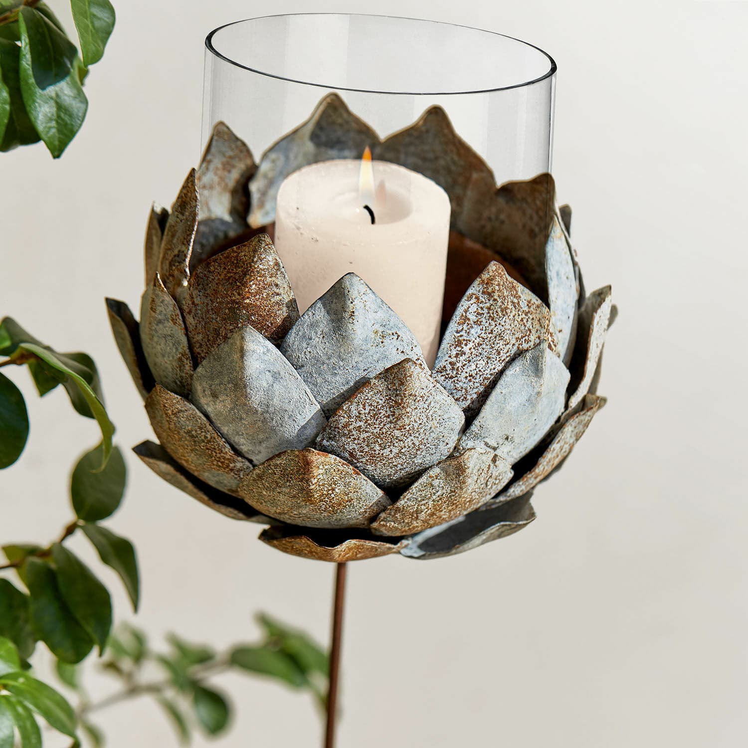 Portavelas Cuvier Portavelas metálico en forma de flor con vela blanca y cubierta de vidrio, decoración para interiores