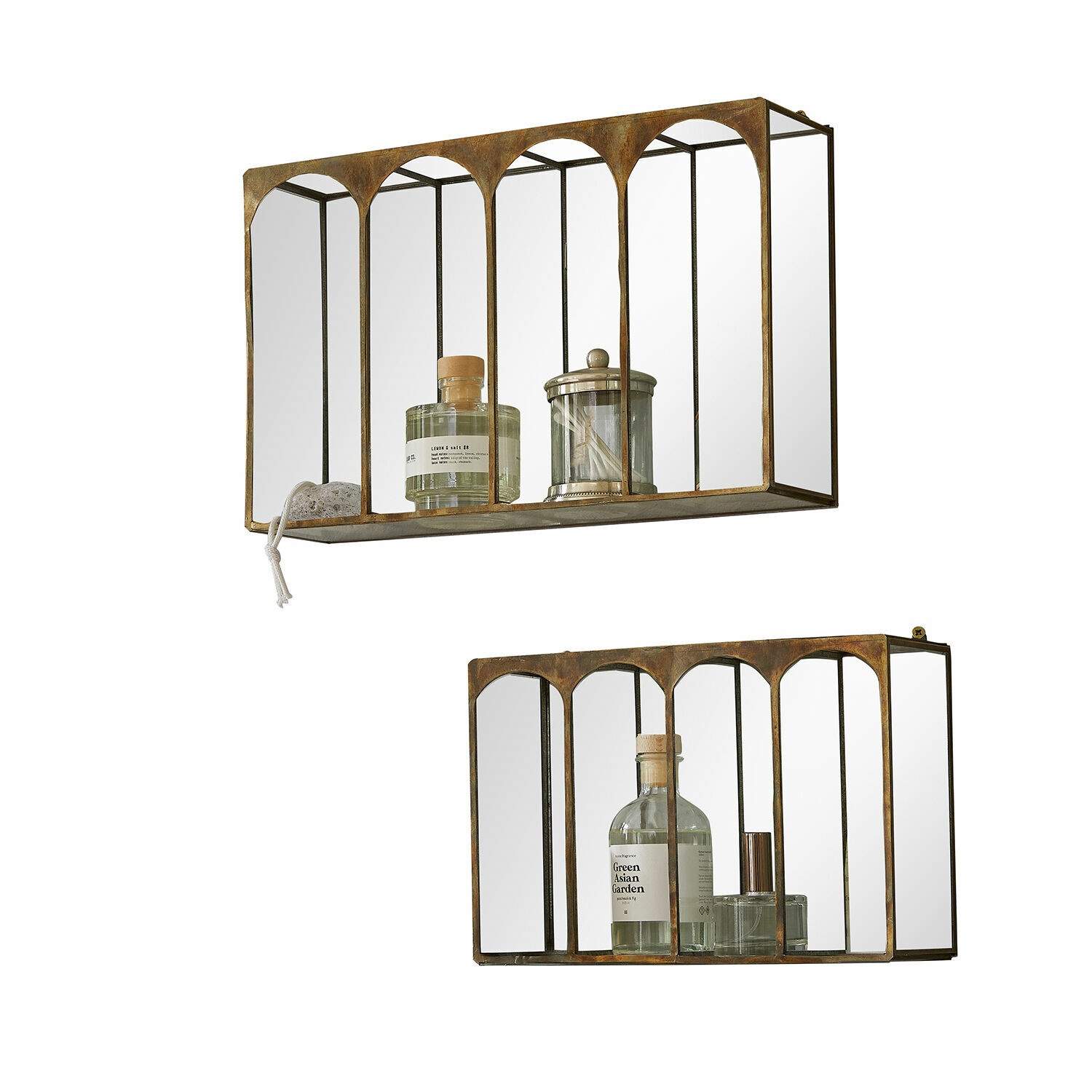 Set de 2 estantes de pared Jaelani Conjunto de dos estantes de pared de metal con espejo y marco de cobre envejecido para decoración interior