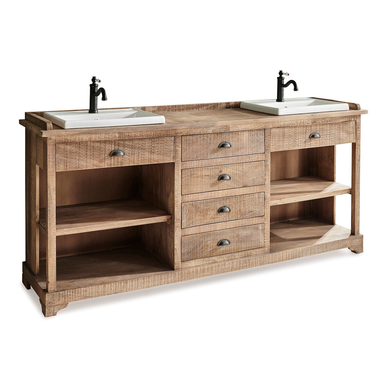 Lavabo doble Farum Mueble de baño de madera con dos lavabos blancos de cerámica y grifos negros