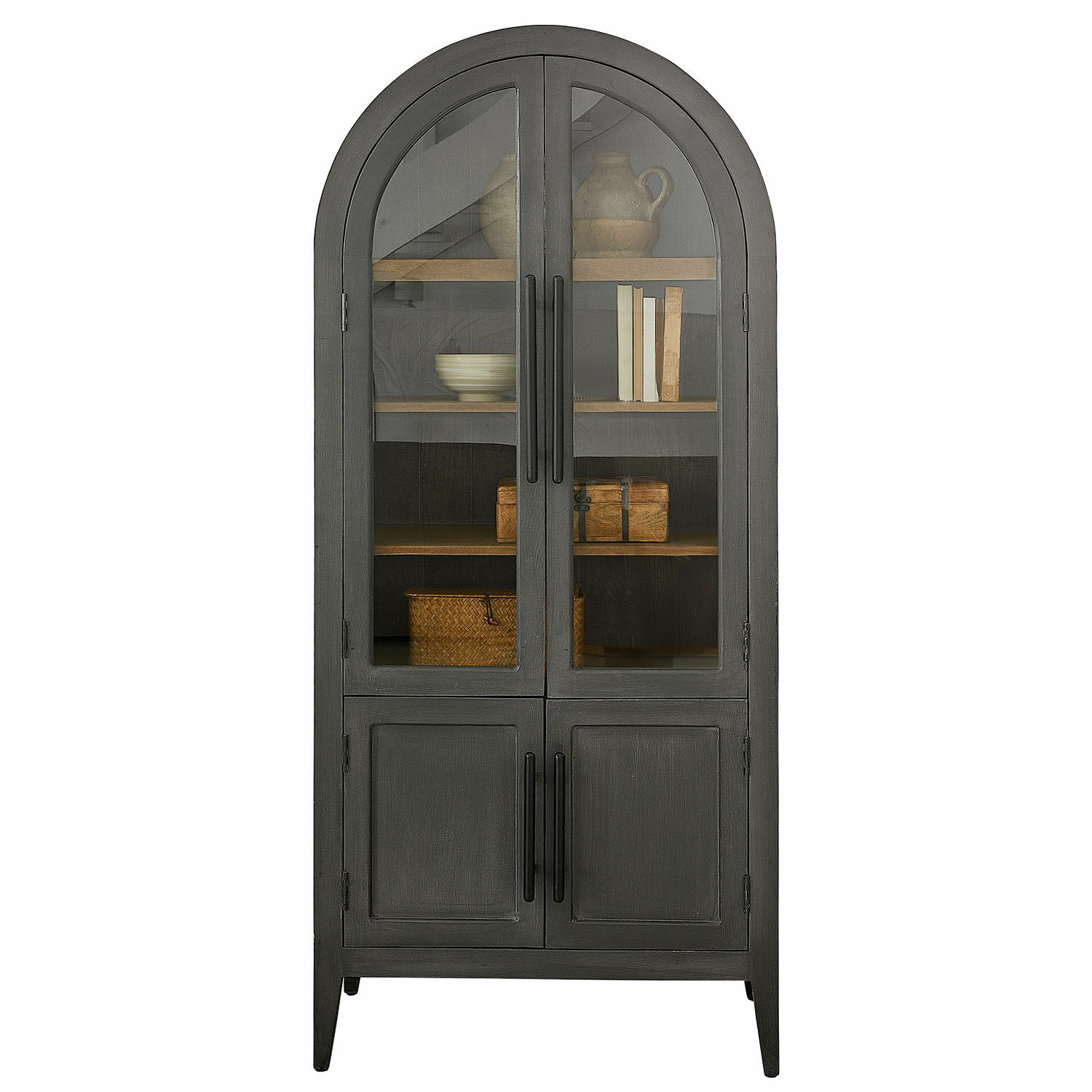 Armario Chaloraine Vitrina negra de metal con puertas de vidrio y estantes de madera para almacenamiento elegante
