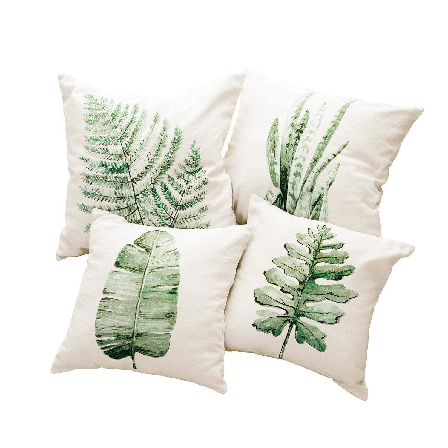 Set de 4 fundas de cojín Marly Conjunto de cuatro cojines crema con estampados de hojas verdes, decoración natural para interiores