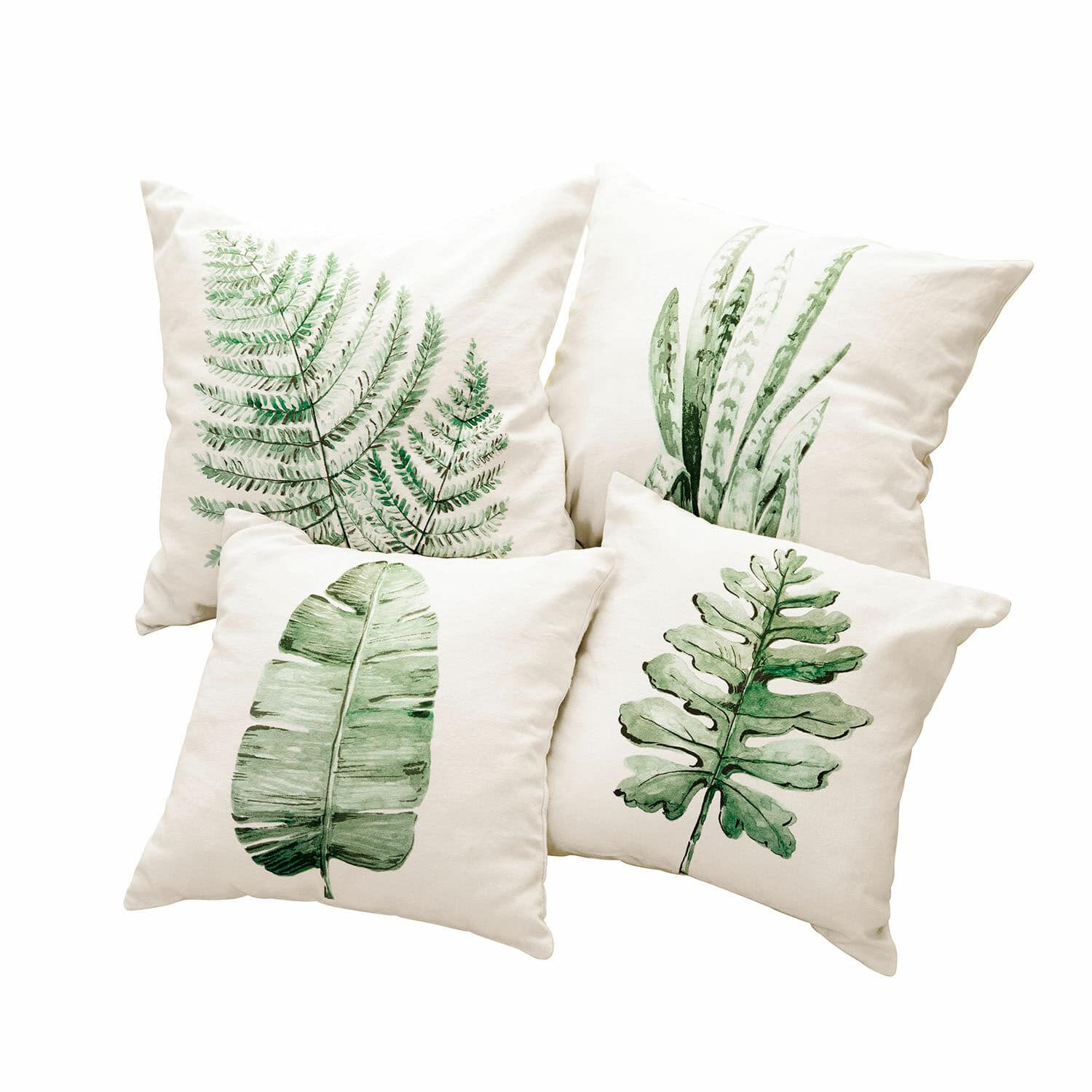 Set de 4 fundas de cojín Marly Conjunto de cuatro cojines crema con estampados de hojas verdes, decoración natural para interiores