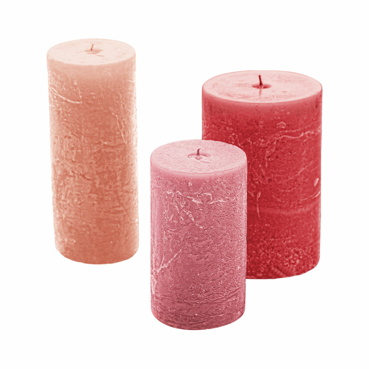 Set de 3 velas rosas Pretin con textura rústica, decoración y ambiente relajante