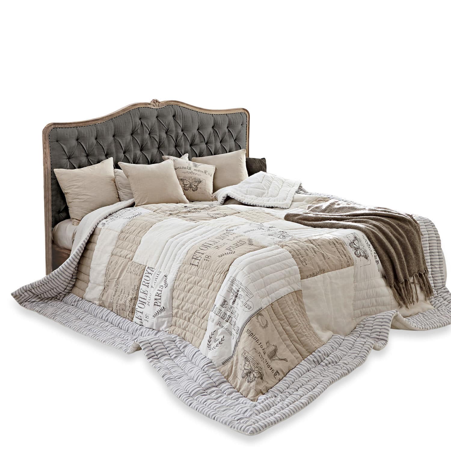 Cama Declaire Cama con cabecero acolchado gris y colcha beige con estampado vintage para dormitorio
