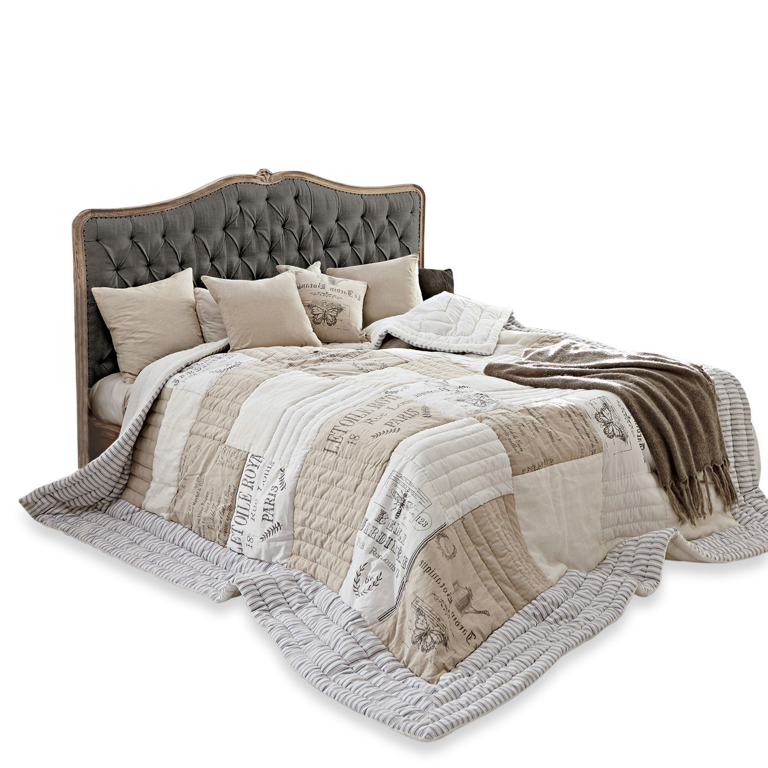 Cama Declaire Cama con cabecero acolchado gris y colcha beige con estampado vintage para dormitorio