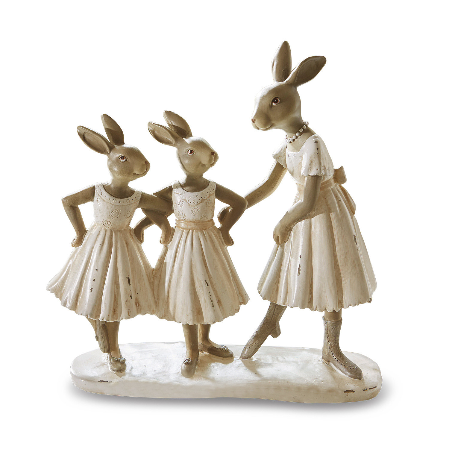 Conejos Danseuses Figuras de tres conejos con vestidos crema de material, decoración de Pascua para el hogar
