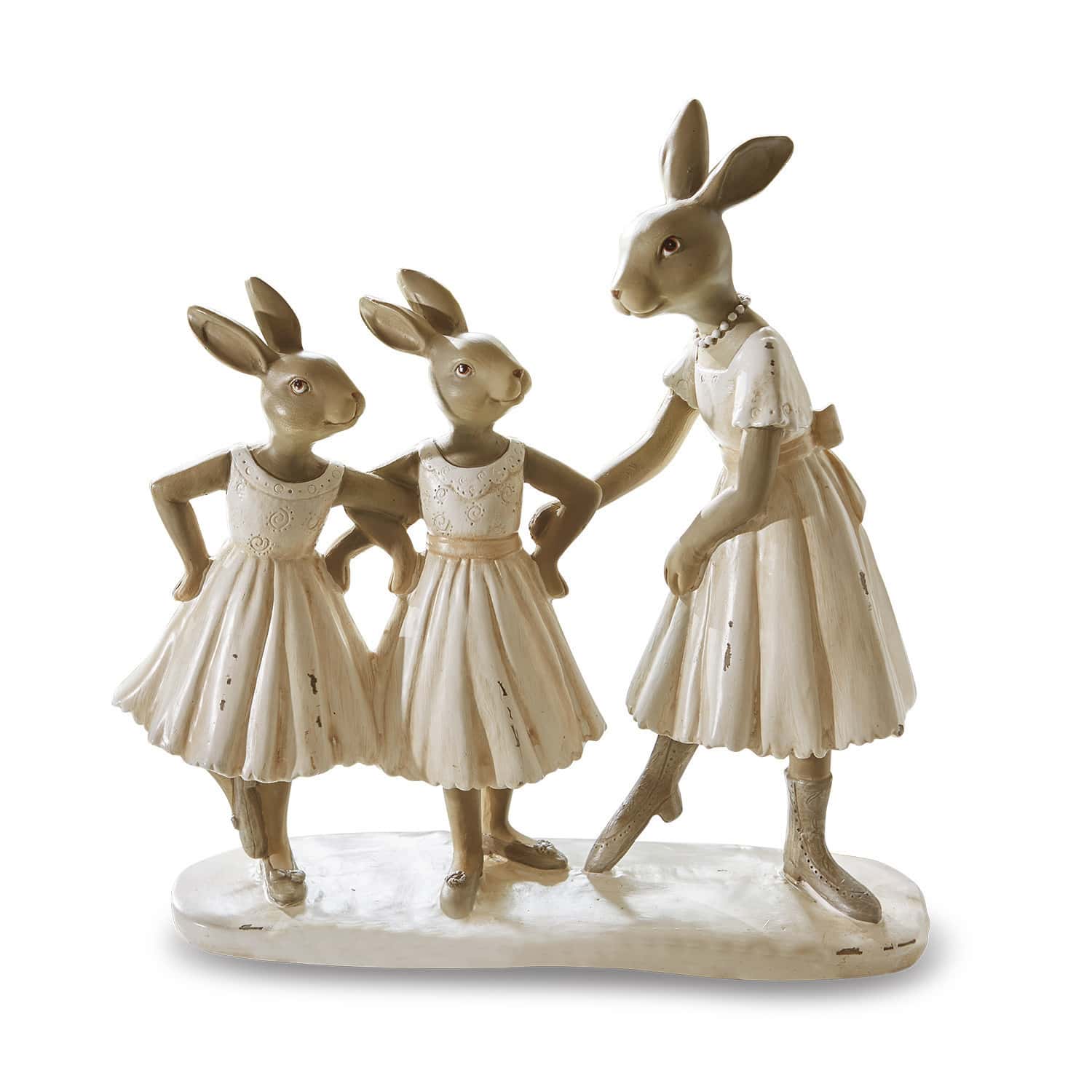 Conejos Danseuses Figuras de tres conejos con vestidos crema de material, decoración de Pascua para el hogar