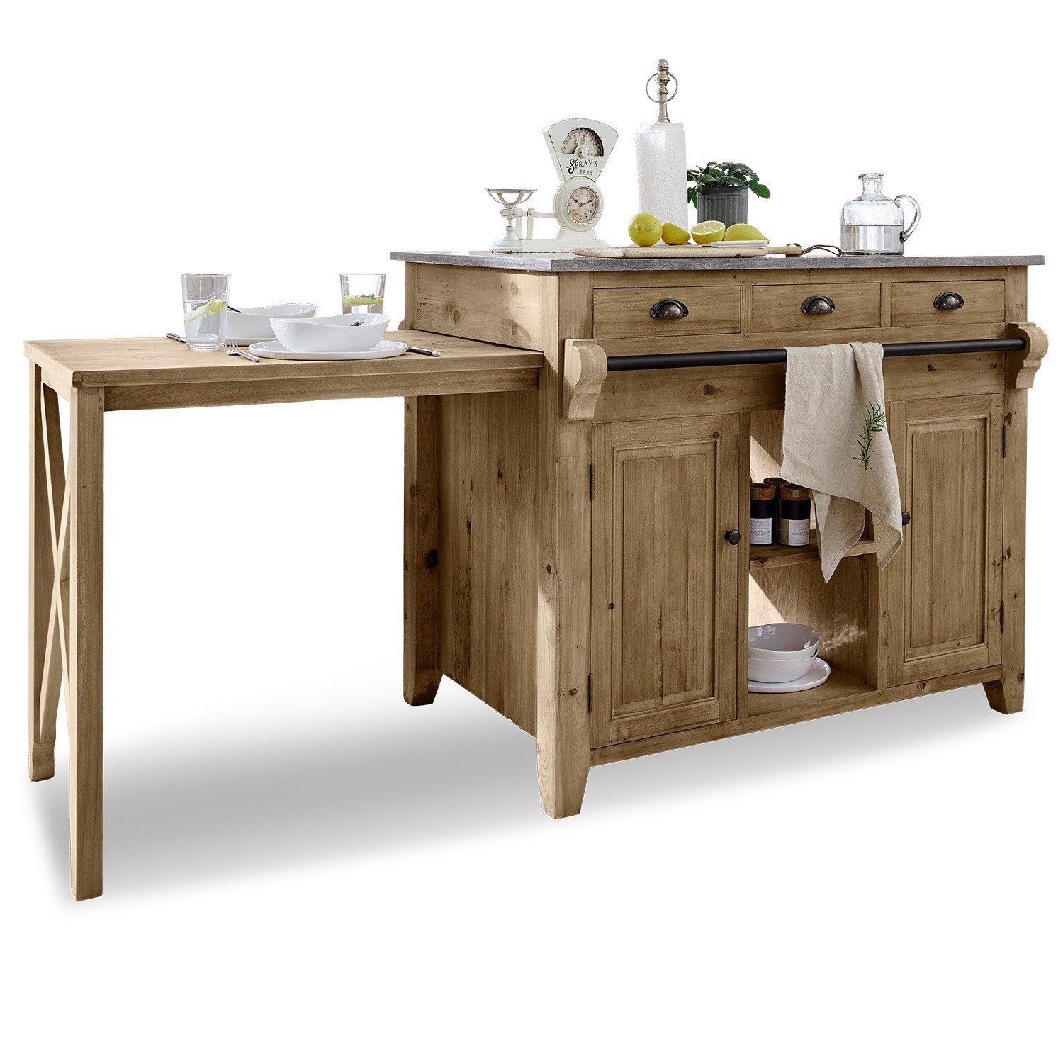 Mueble de cocina Évain Isla de cocina de madera con mesa extensible y cajones, color madera natural