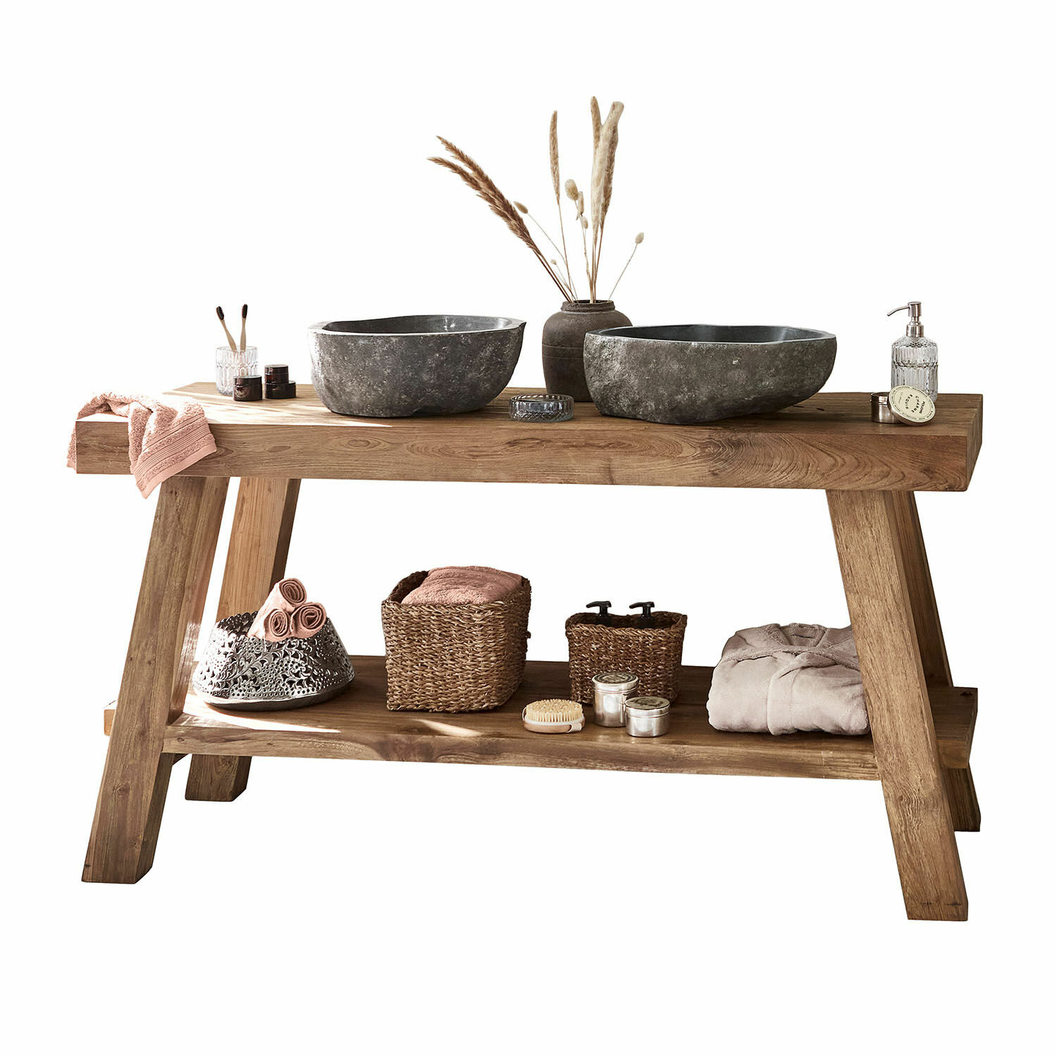 Mueble de lavabo doble Eguenigue Consola de baño de madera con lavabos de piedra y accesorios naturales para almacenamiento