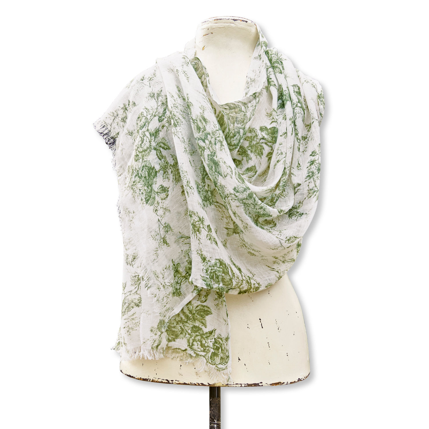Chal Mercier Pañuelo ligero blanco con estampado floral verde de material natural, accesorio de moda primaveral