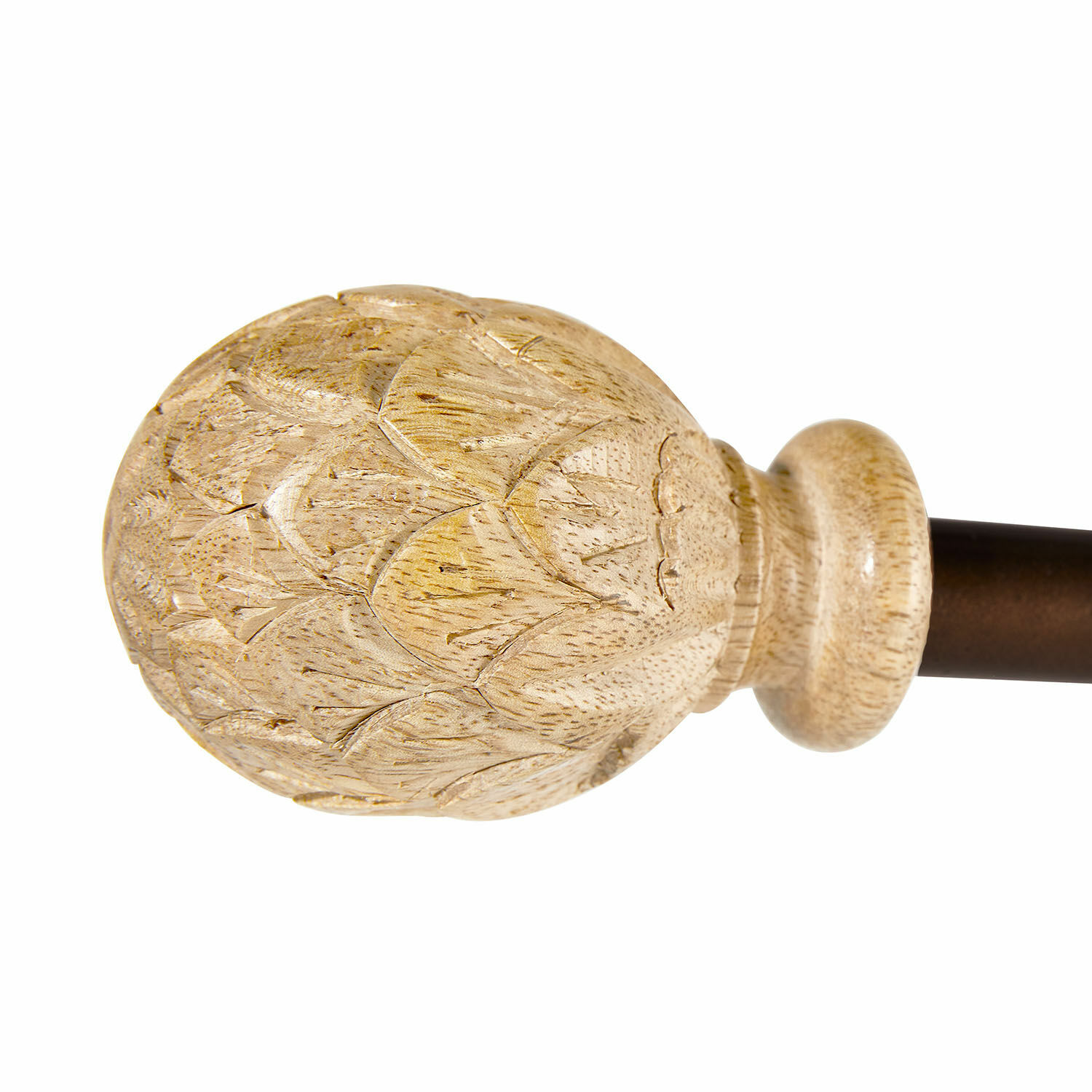 marrón Barra de cortina metálica marrón con remate de madera tallada clara para decoración de ventanas