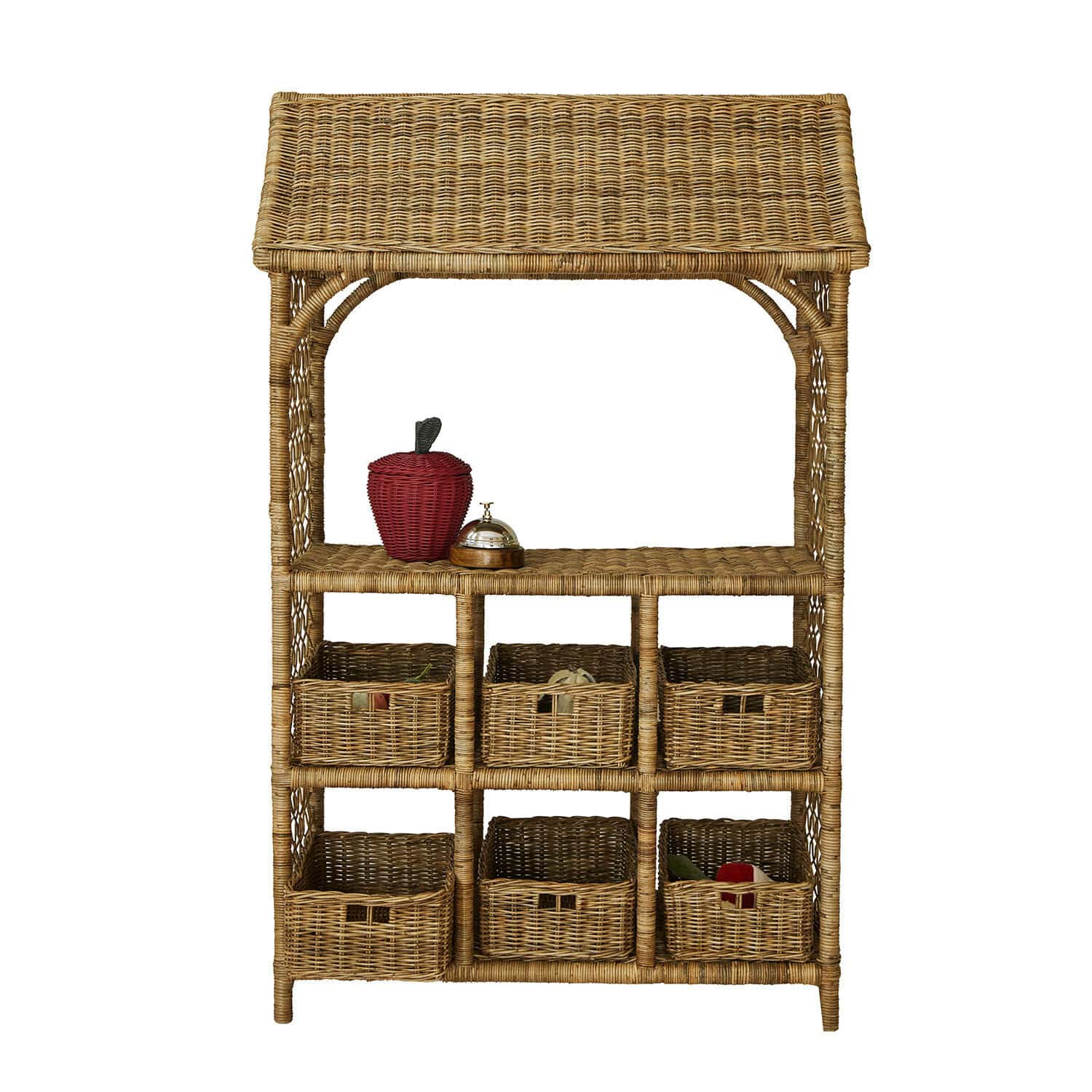 Tienda de juguete Callidia Estantería de ratán natural con seis cestas y manzana decorativa roja, mueble de almacenamiento