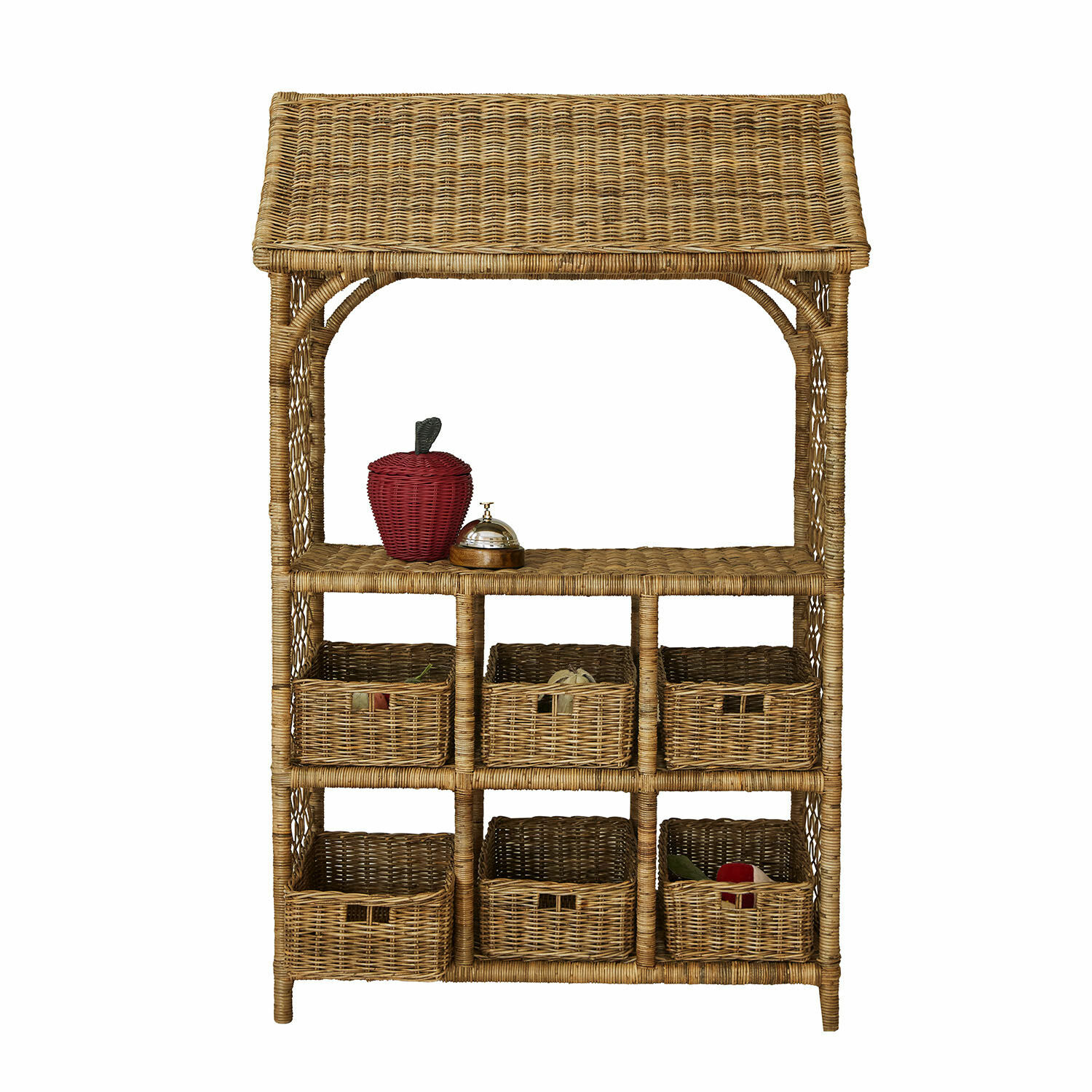 Tienda de juguete Callidia Estantería de ratán natural con seis cestas y manzana decorativa roja, mueble de almacenamiento