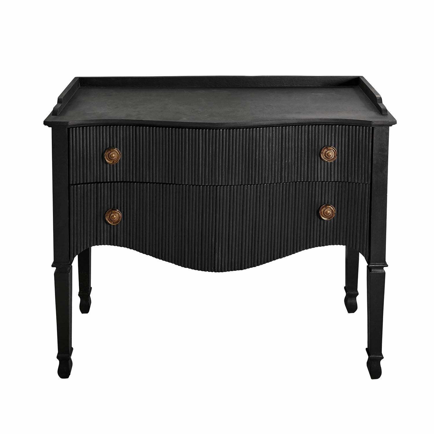 Cómoda Boissiére Cómoda negra con dos cajones ondulados y tiradores de latón, mueble elegante para salón
