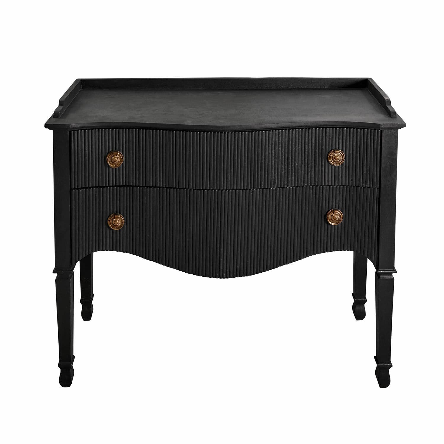 Cómoda Boissiére Cómoda negra con dos cajones ondulados y tiradores de latón, mueble elegante para salón