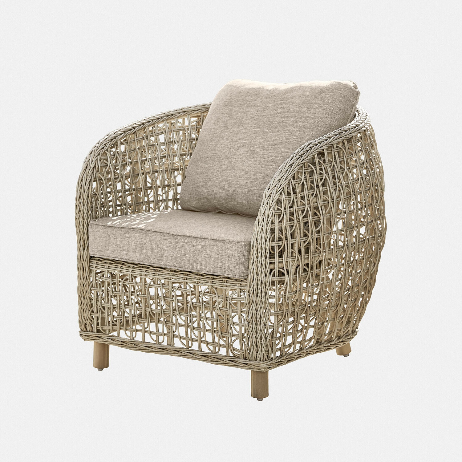 Sillón Ventiglio Sillón de ratán beige con cojines suaves, ideal para una sala de estar acogedora