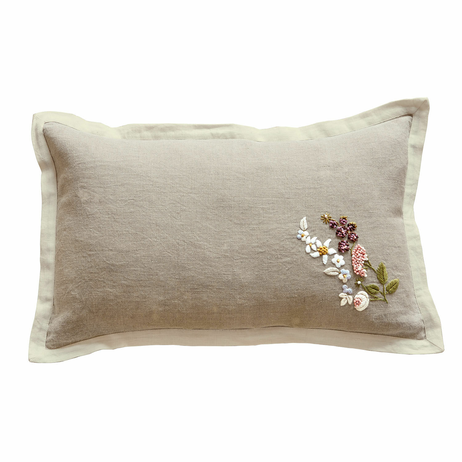 Funda de cojín Tavaline Cojín beige de lino con bordado floral y borde crema, decoración elegante para salón