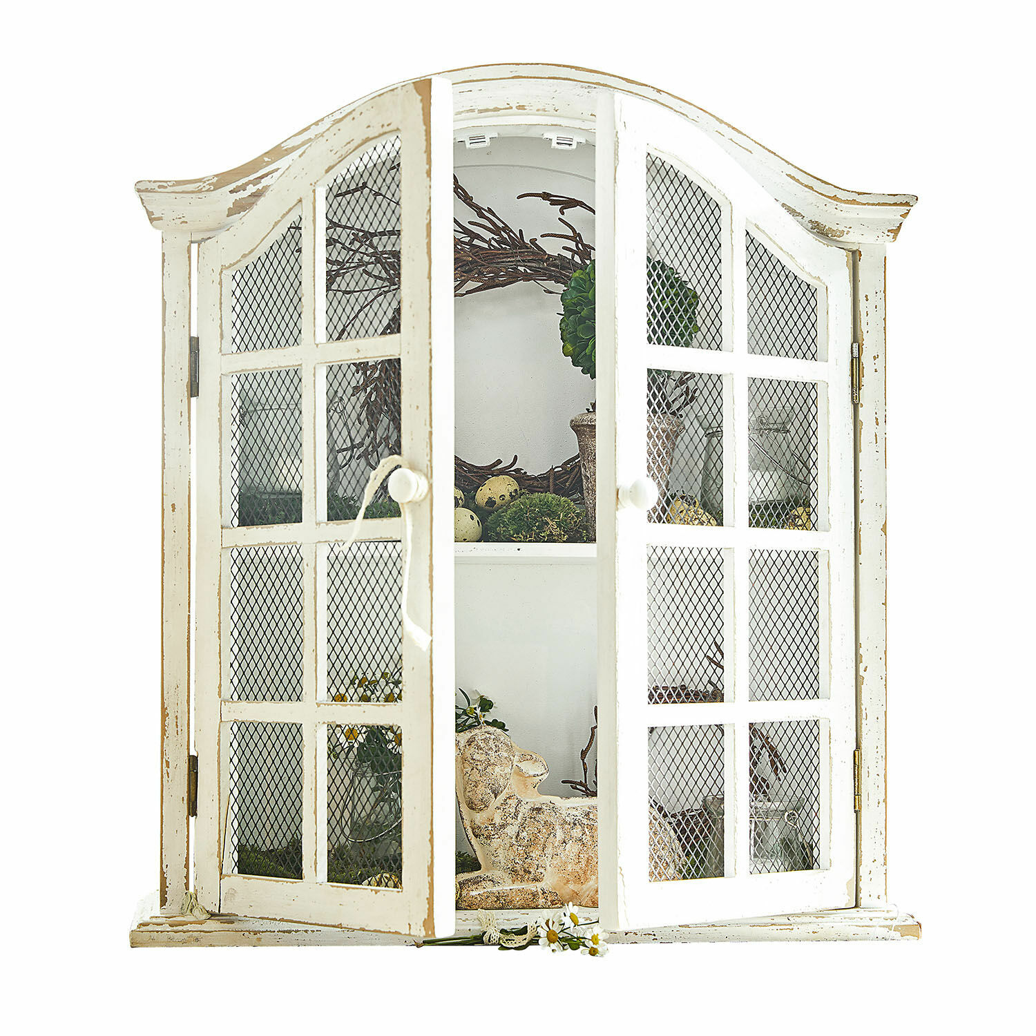 Armario de pared Monthelie Vitrina blanca de madera con puertas de rejilla, estilo vintage, decoración interior, mueble para salón
