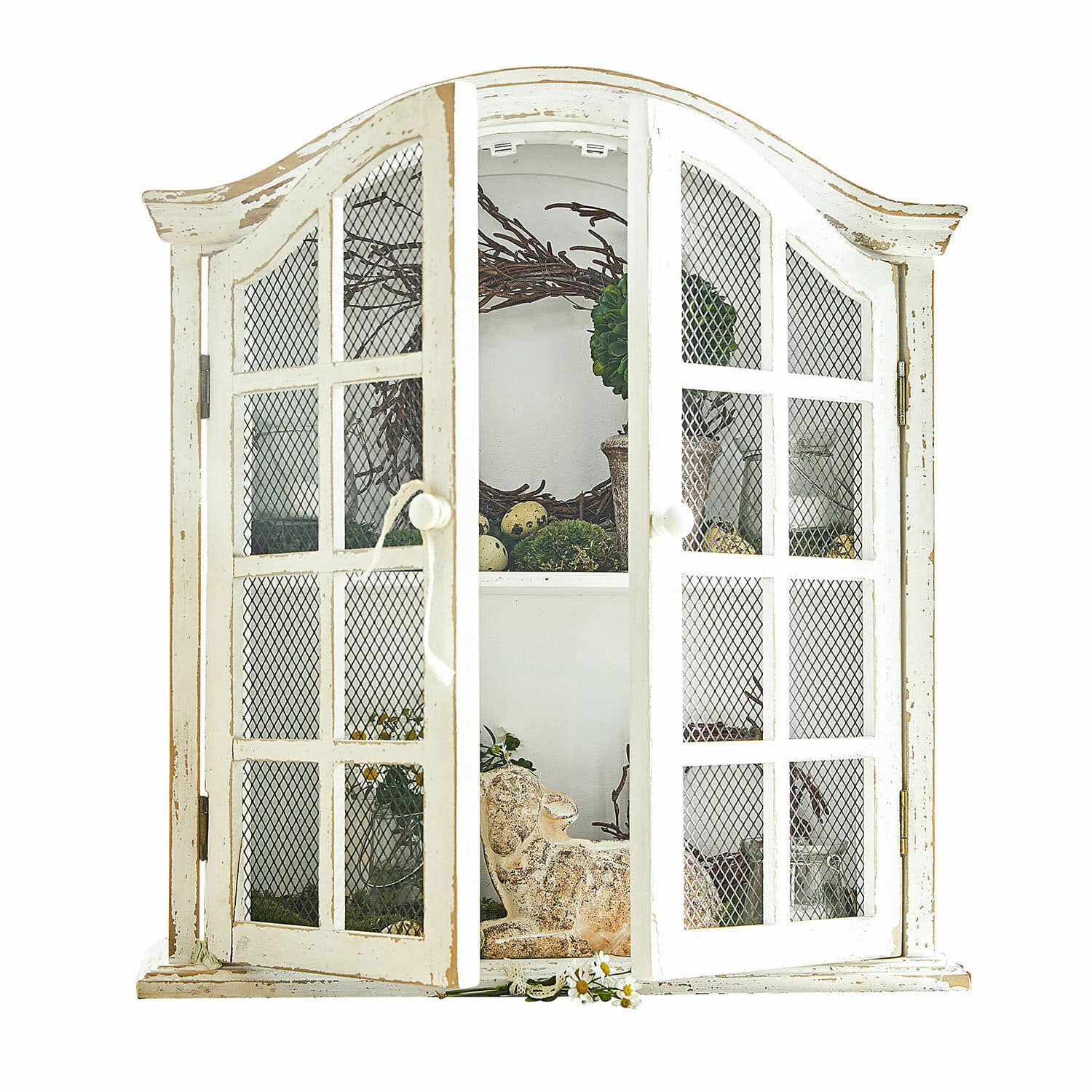 Armario de pared Monthelie Vitrina blanca de madera con puertas de rejilla, estilo vintage, decoración interior, mueble para salón