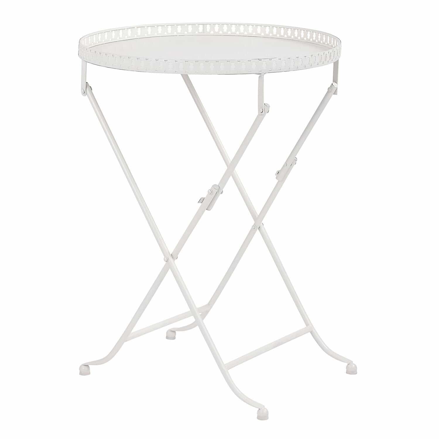 Mesa auxiliar Bierret de metal blanco antiguo con borde calado, ligera y plegable para interior y jardín