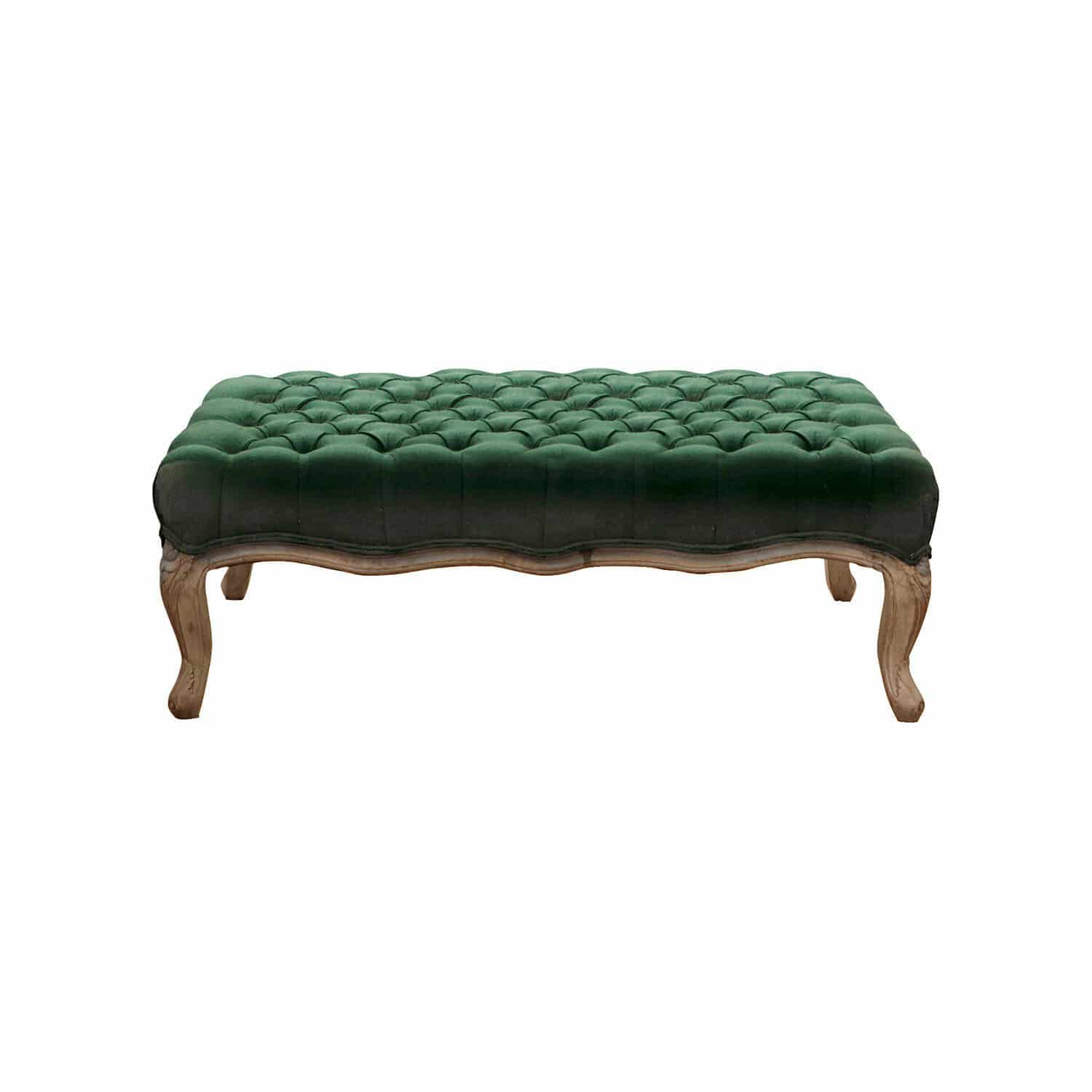 Puf Dirac verde oscuro capitoné con patas de madera, mueble elegante para salón