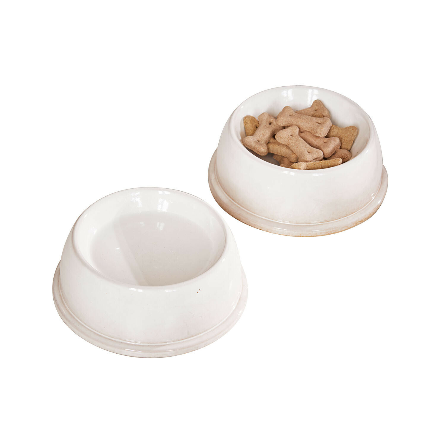 Set de 2 comederos Kireva Dos cuencos blancos de cerámica para perros, uno con galletas en forma de hueso, comederos para mascotas