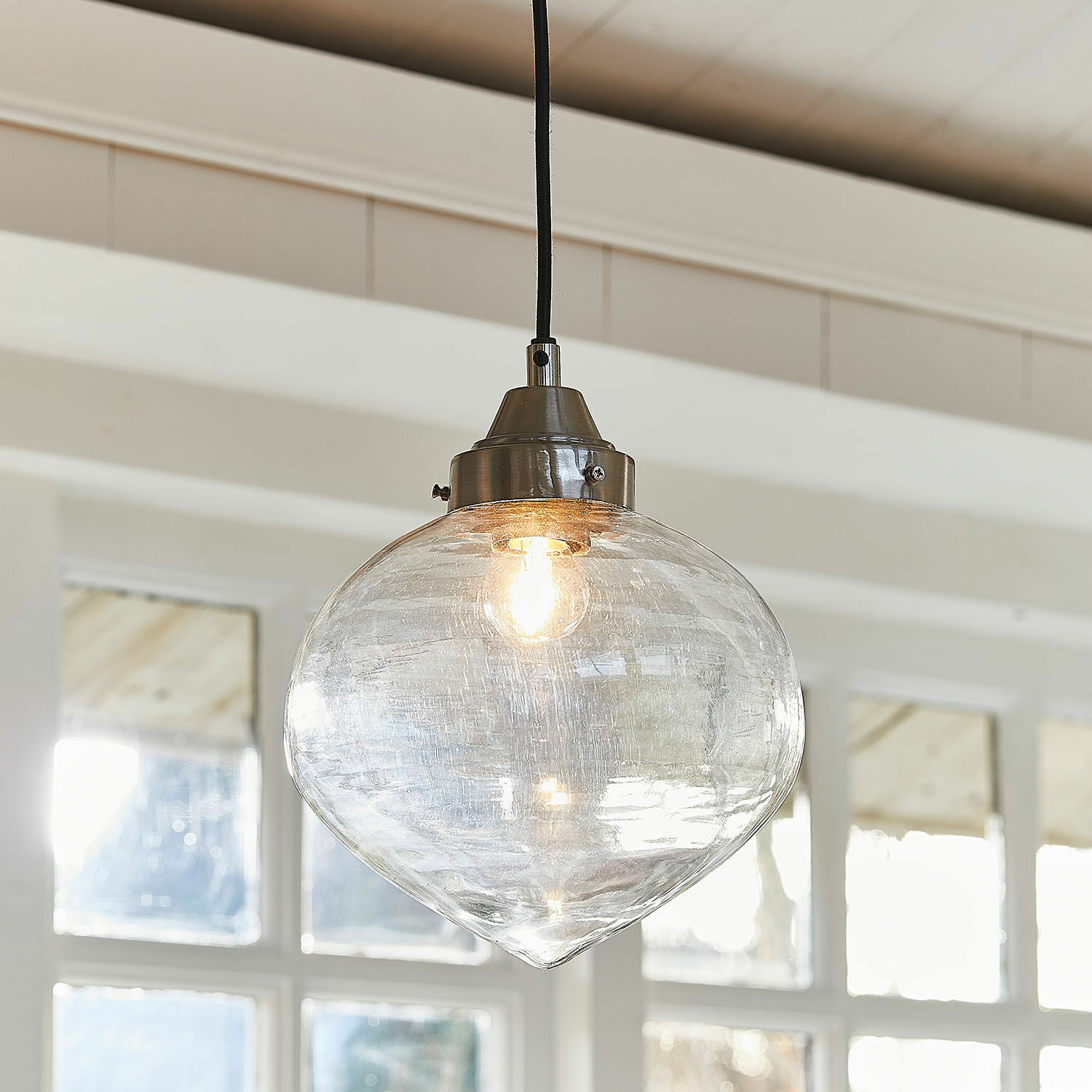Lámpara colgante Lunariello Lámpara colgante de vidrio transparente con soporte metálico plateado, iluminación moderna para salón