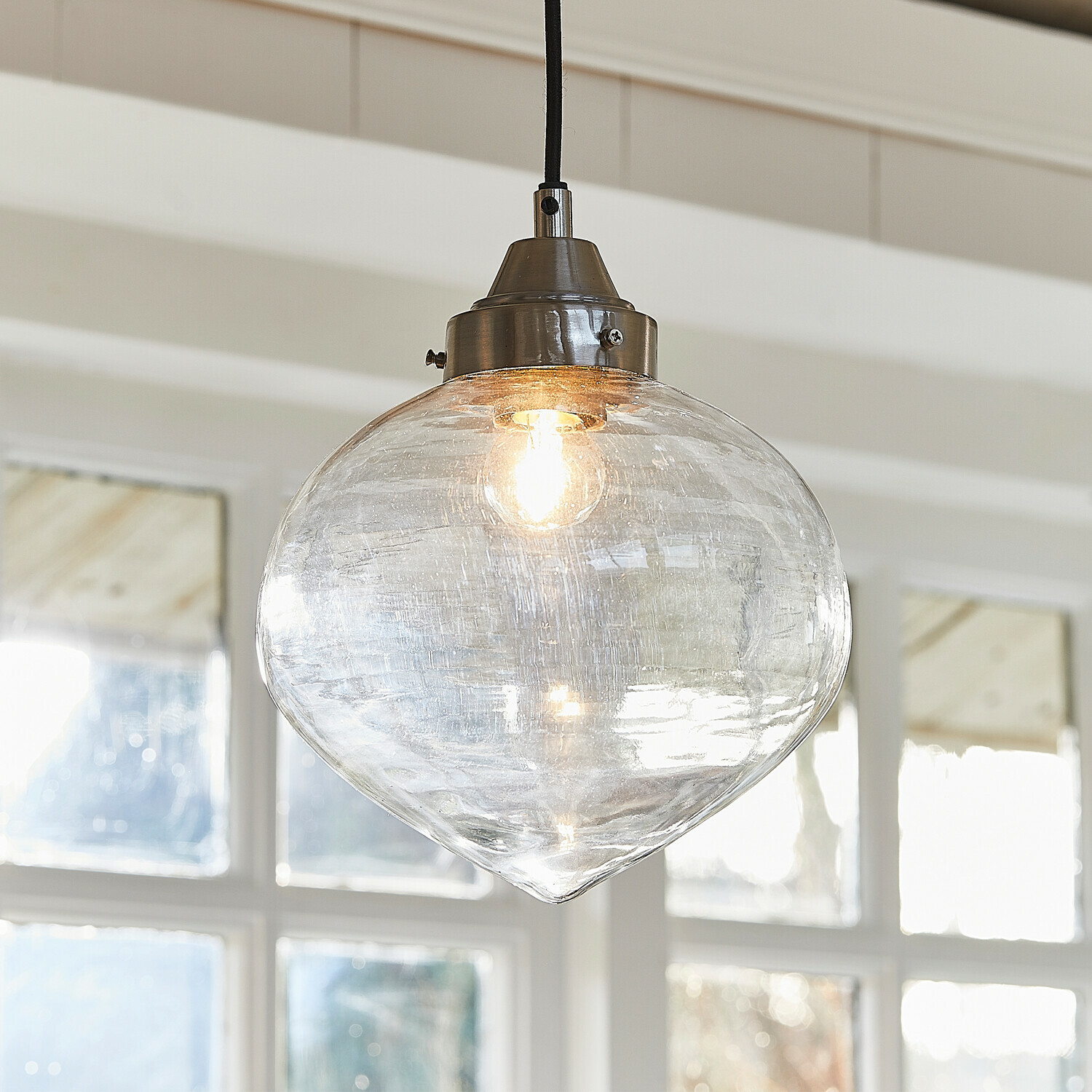 Lámpara colgante Lunariello Lámpara colgante de vidrio transparente con soporte metálico plateado, iluminación moderna para salón