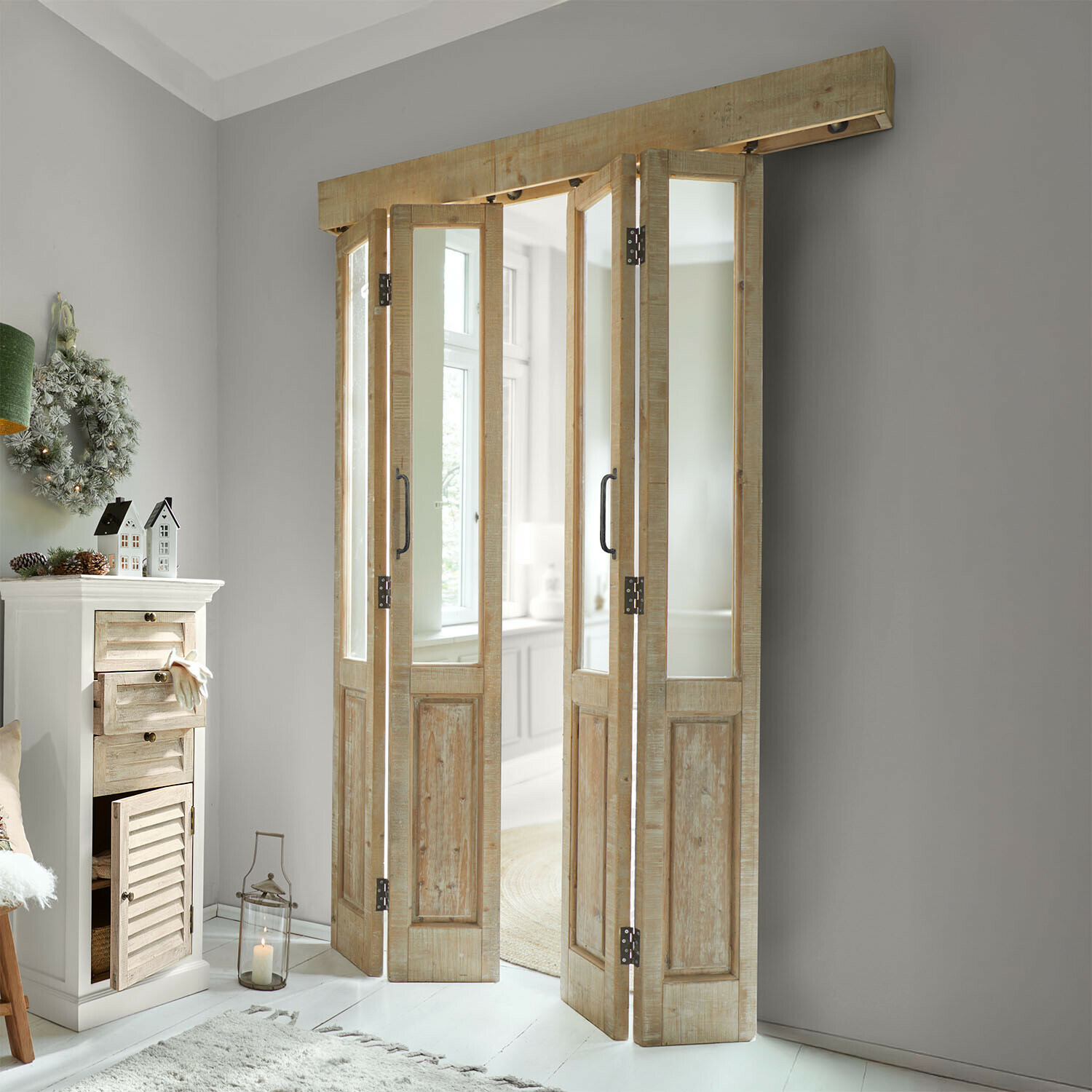 Puerta corredera plegable Halvorn Puerta plegable de madera en color natural con paneles de vidrio, estilo rústico para interiores