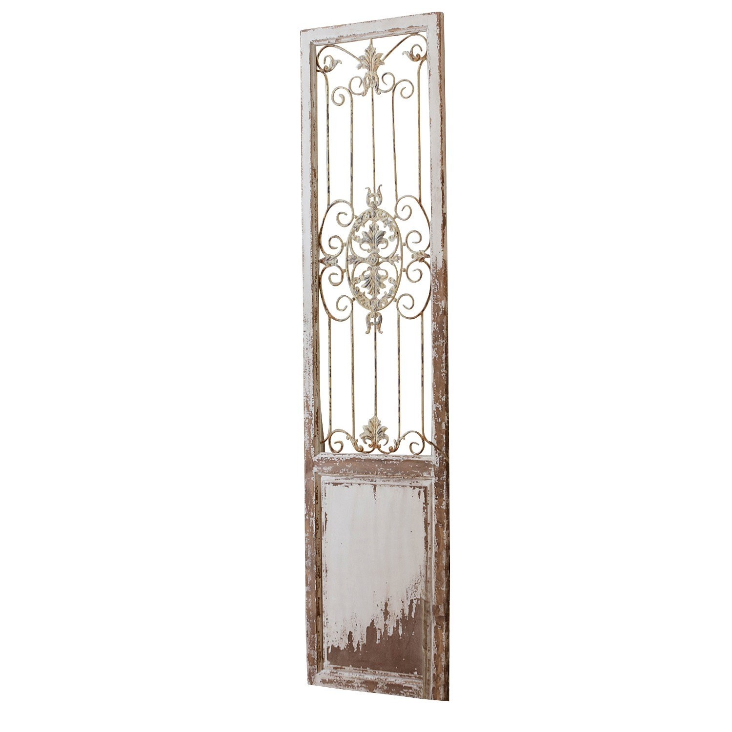 Panel decorativo Versailles Puerta estrecha de madera con decoración metálica vintage, acabado envejecido blanco y marrón