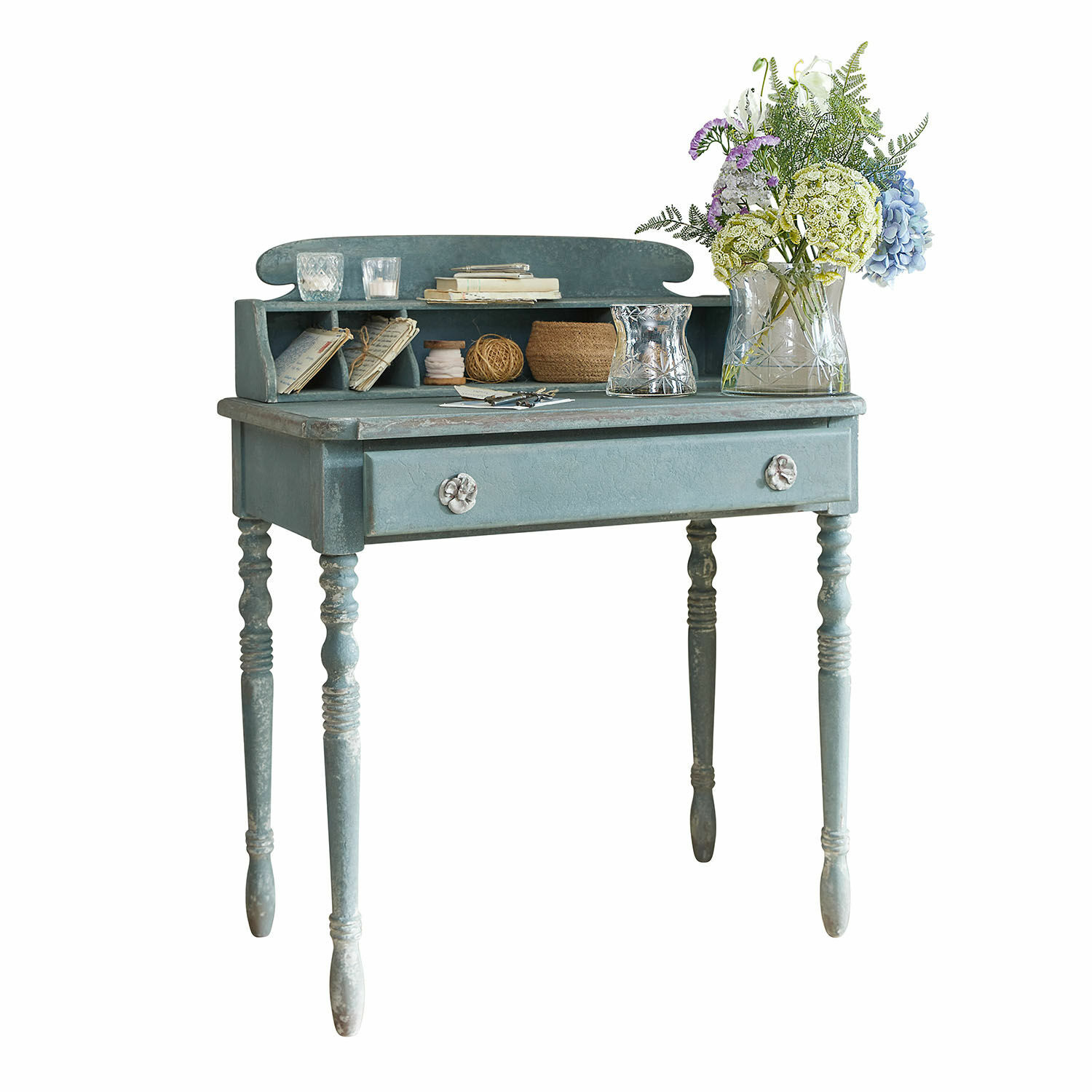 Secreter Lartigue Escritorio de madera azul con cajón y estantes, mueble vintage para almacenamiento y decoración