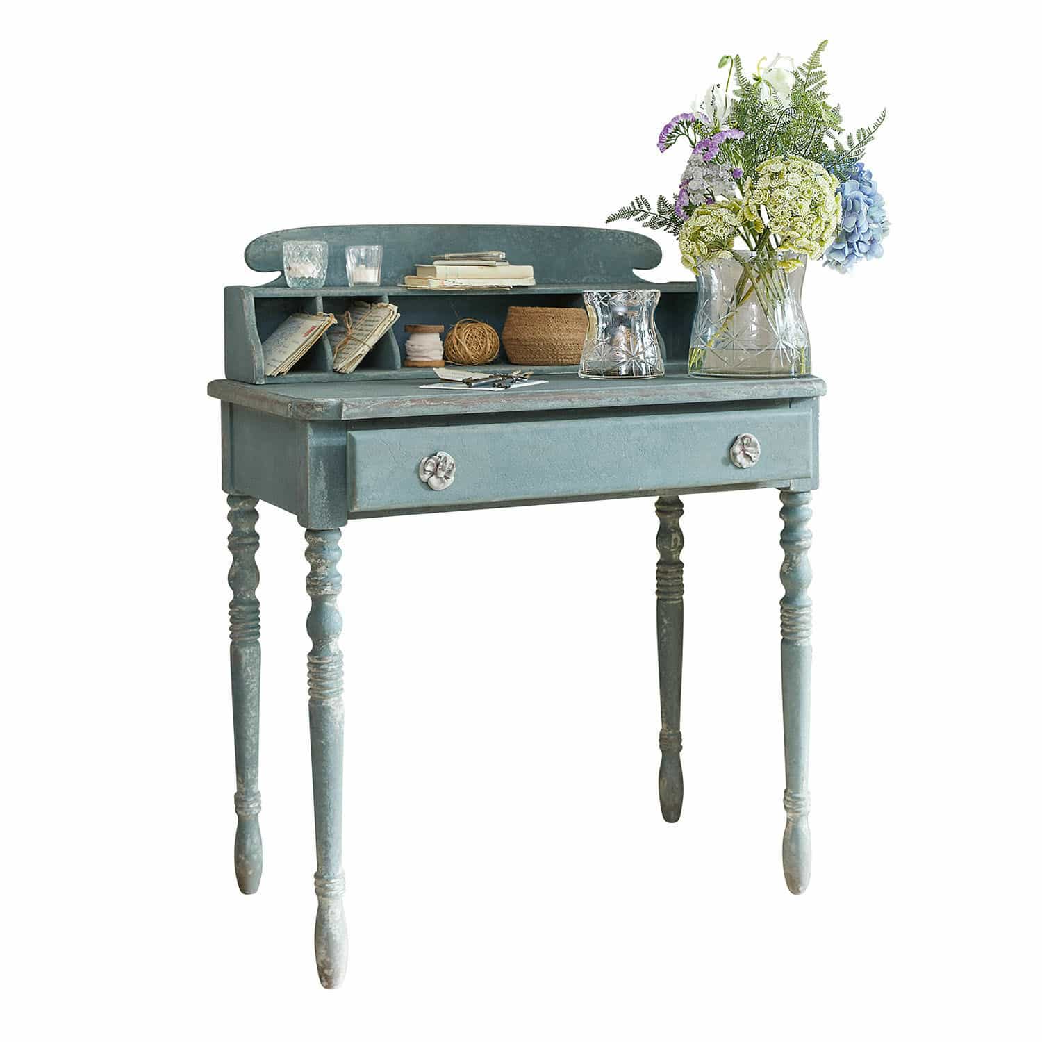 Secreter Lartigue Escritorio de madera azul con cajón y estantes, mueble vintage para almacenamiento y decoración