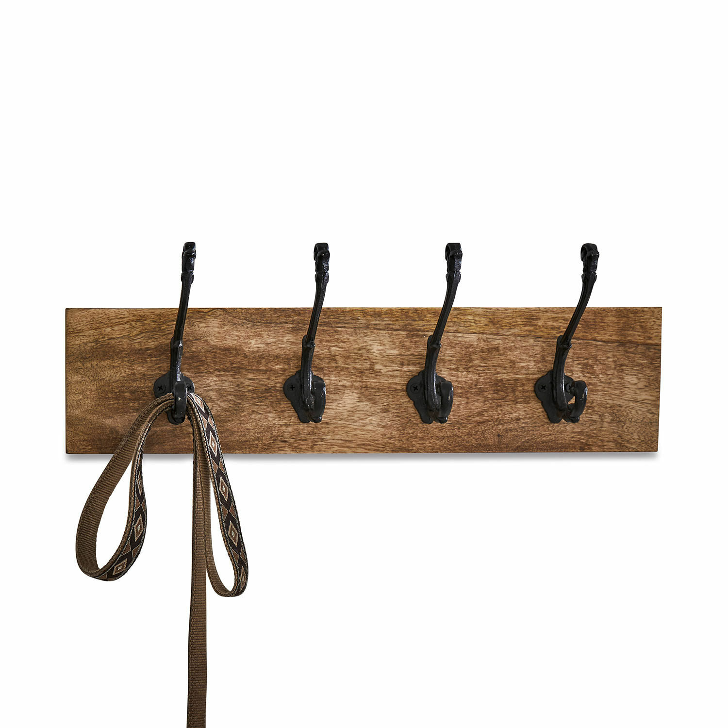 Perchero Taylors Island Perchero de pared de madera con ganchos metálicos negros y correa colgada, práctico para el recibidor