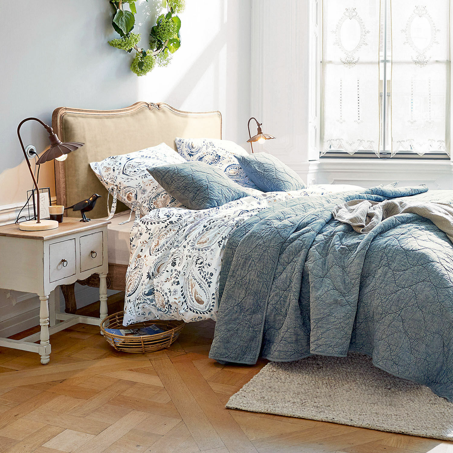 Ropa de cama Le Perron, Atractivo diseño paisley, En estilo acuarela, Algodón 100 % en azul/crema