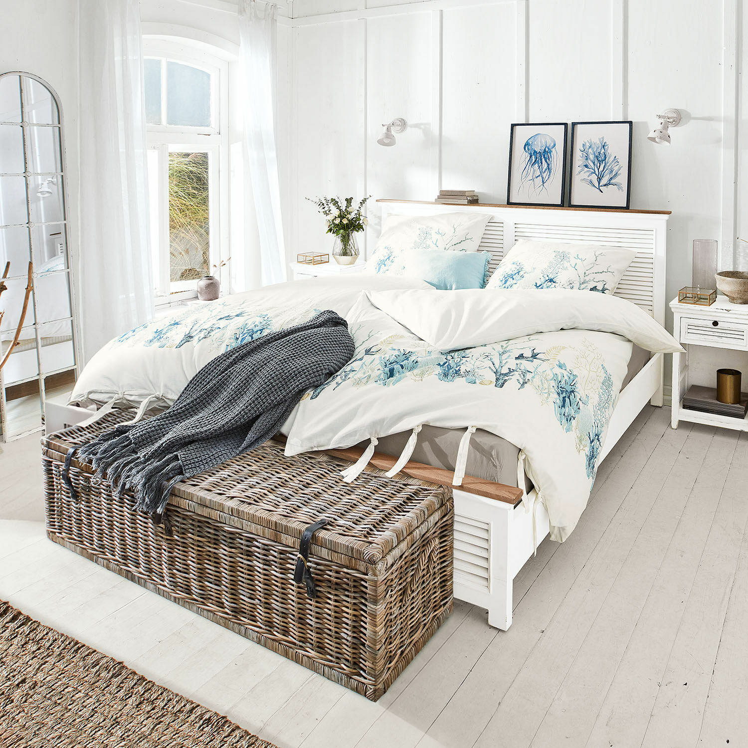 Ropa de cama Grosmagny, Motivo artístico marítimo, Algodón puro muy suave, Máximo efecto de bienestar para un sueño reparador en crema/azul