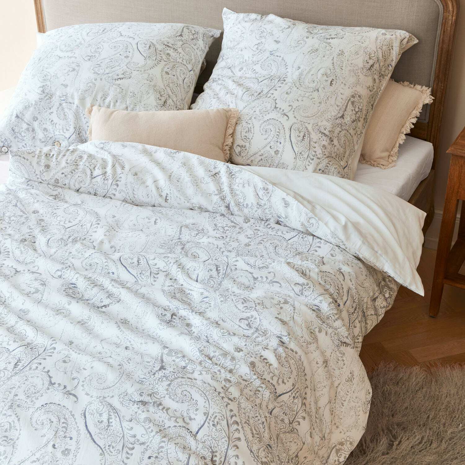 Ropa de cama Caselia, Algodón 100 %, Paisley clásico, Con botones en blanco/gris