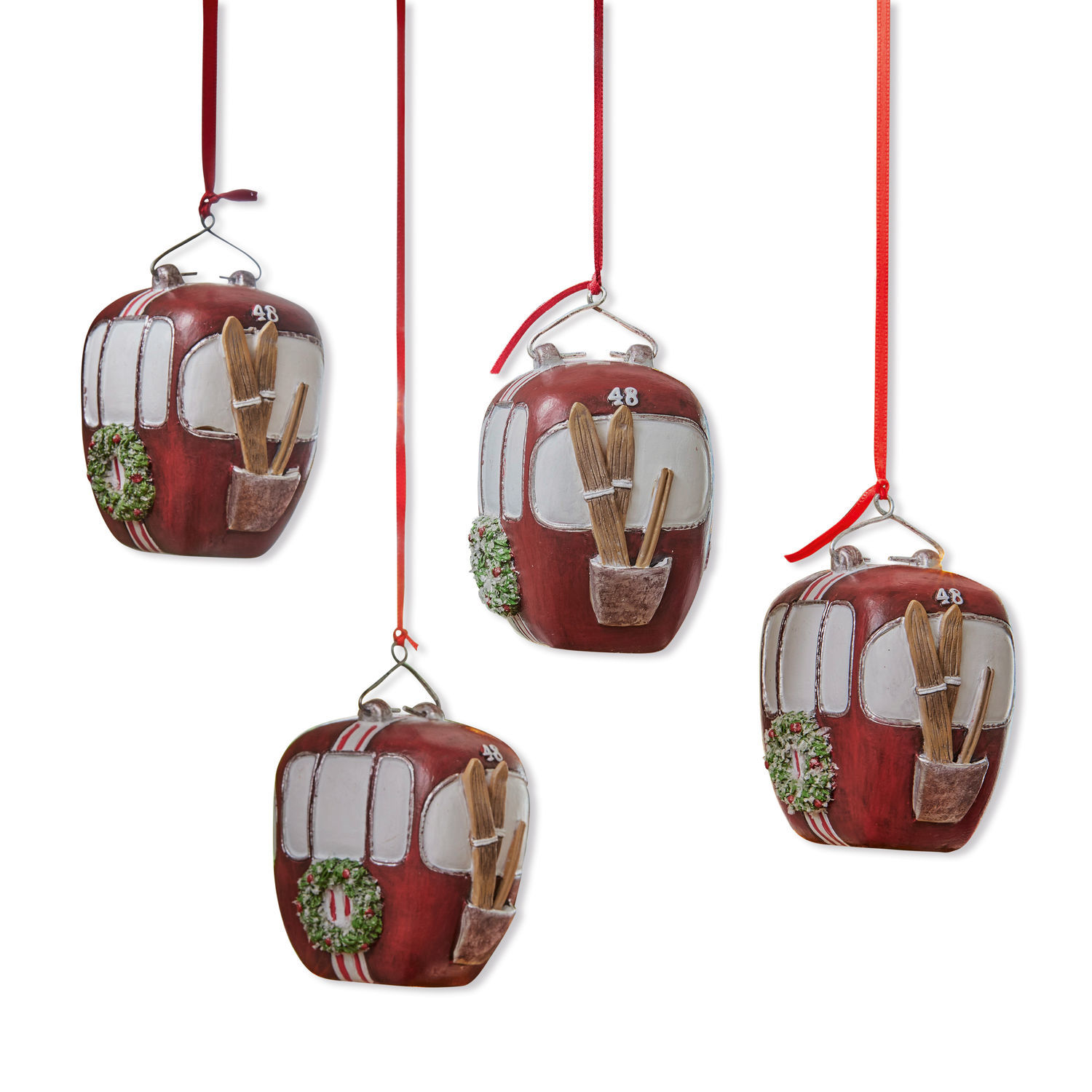 Set de 4 colgantes Barnes Adornos navideños rojos en forma de teleférico con esquís y corona, decoración festiva