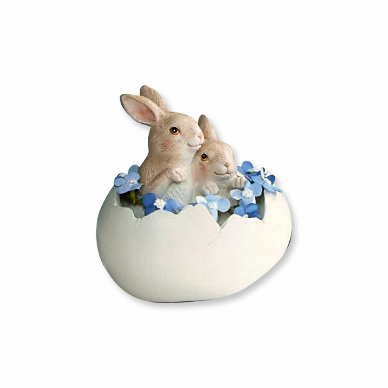 Figura de cerámica con dos conejos en cáscara de huevo y flores azules, decoración de Pascua