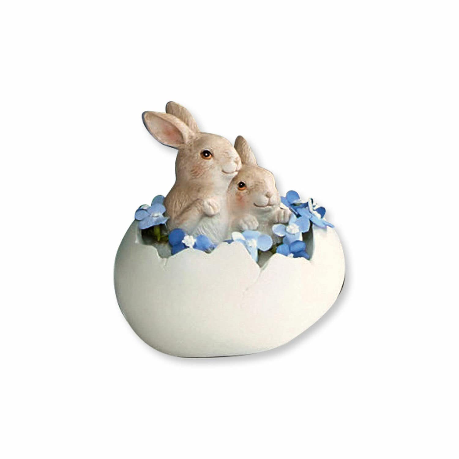 Conejos con huevo Miksa Figura de cerámica con dos conejos en cáscara de huevo y flores azules, decoración de Pascua