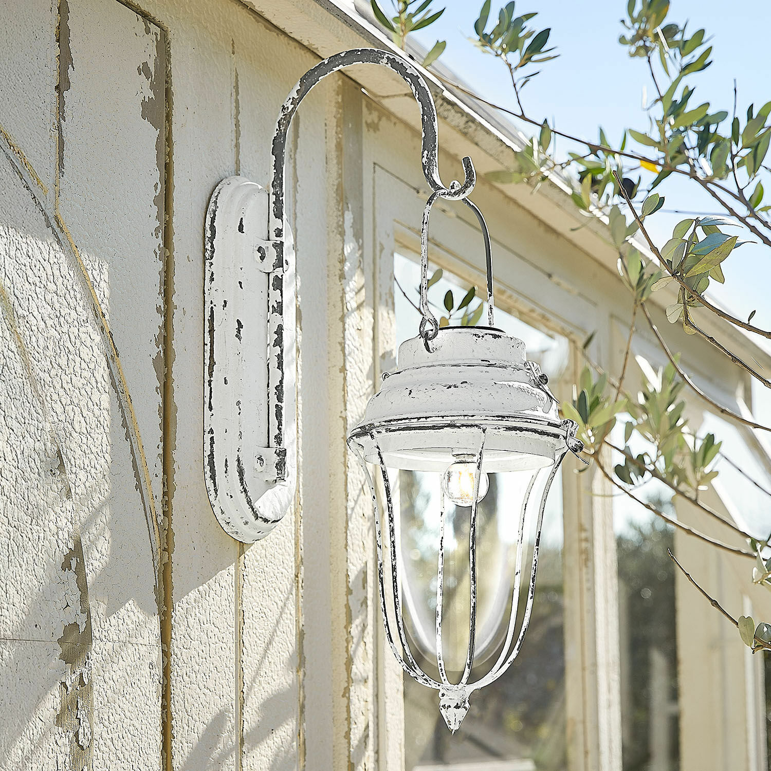 Farolillo solar Galexor Lámpara de pared exterior de metal blanco estilo vintage con pantalla transparente para iluminación exterior