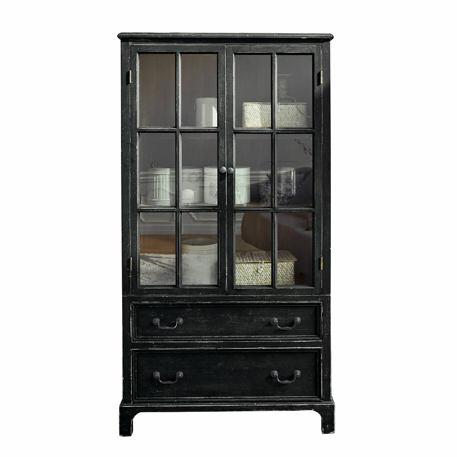 Armario Jarrowfield Vitrina negra de madera con puertas de cristal y dos cajones para almacenamiento práctico