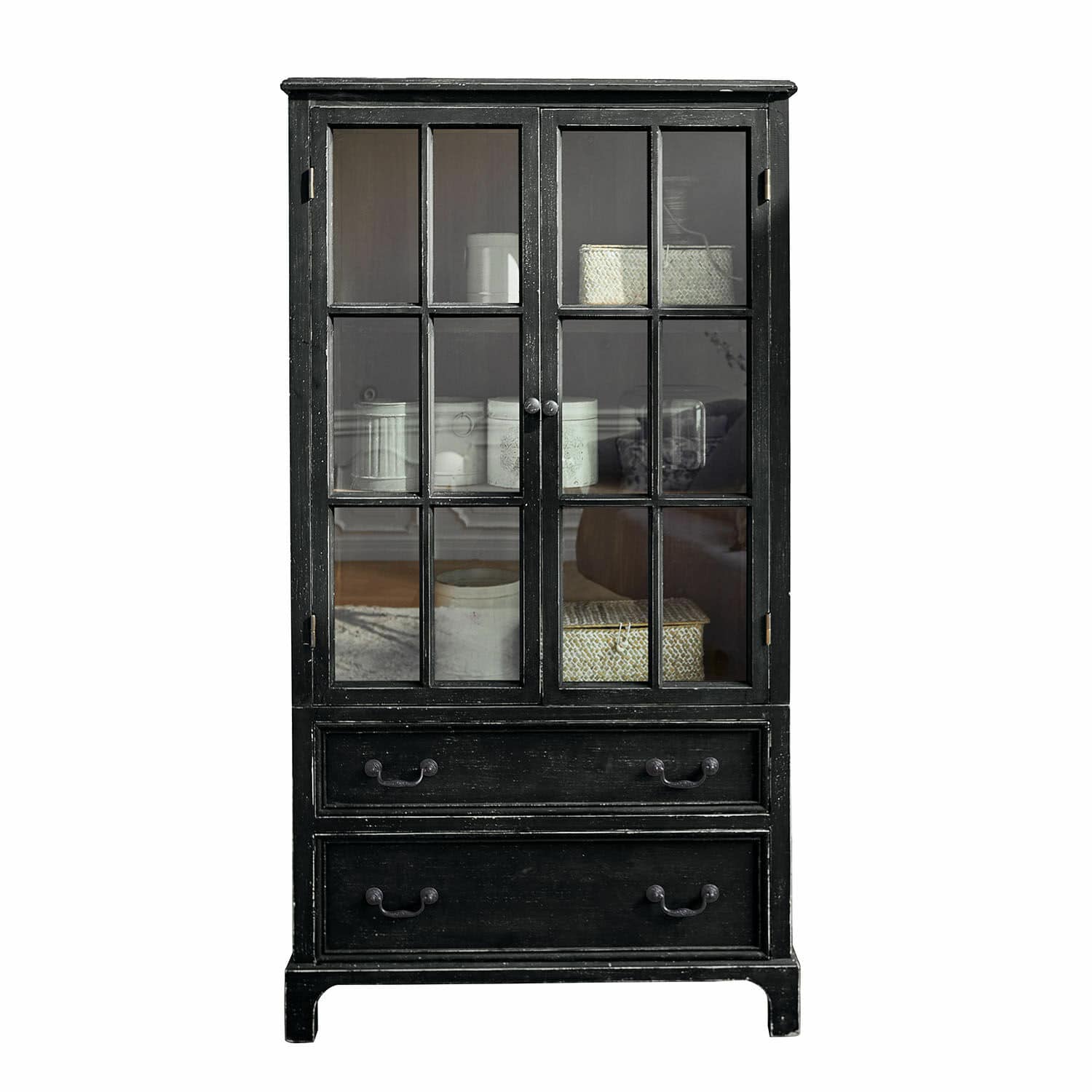 Armario Jarrowfield Vitrina negra de madera con puertas de cristal y dos cajones para almacenamiento práctico