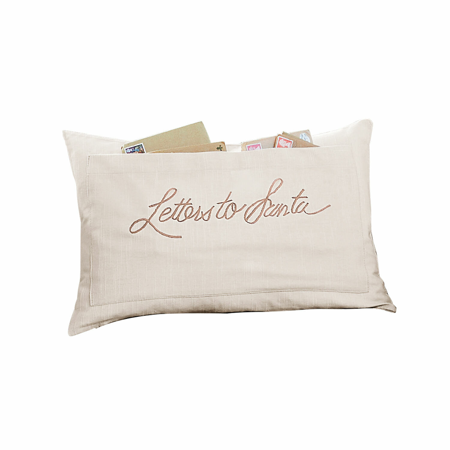 Funda de cojín beige con texto Letters to Santa y bolsillo para cartas navideñas