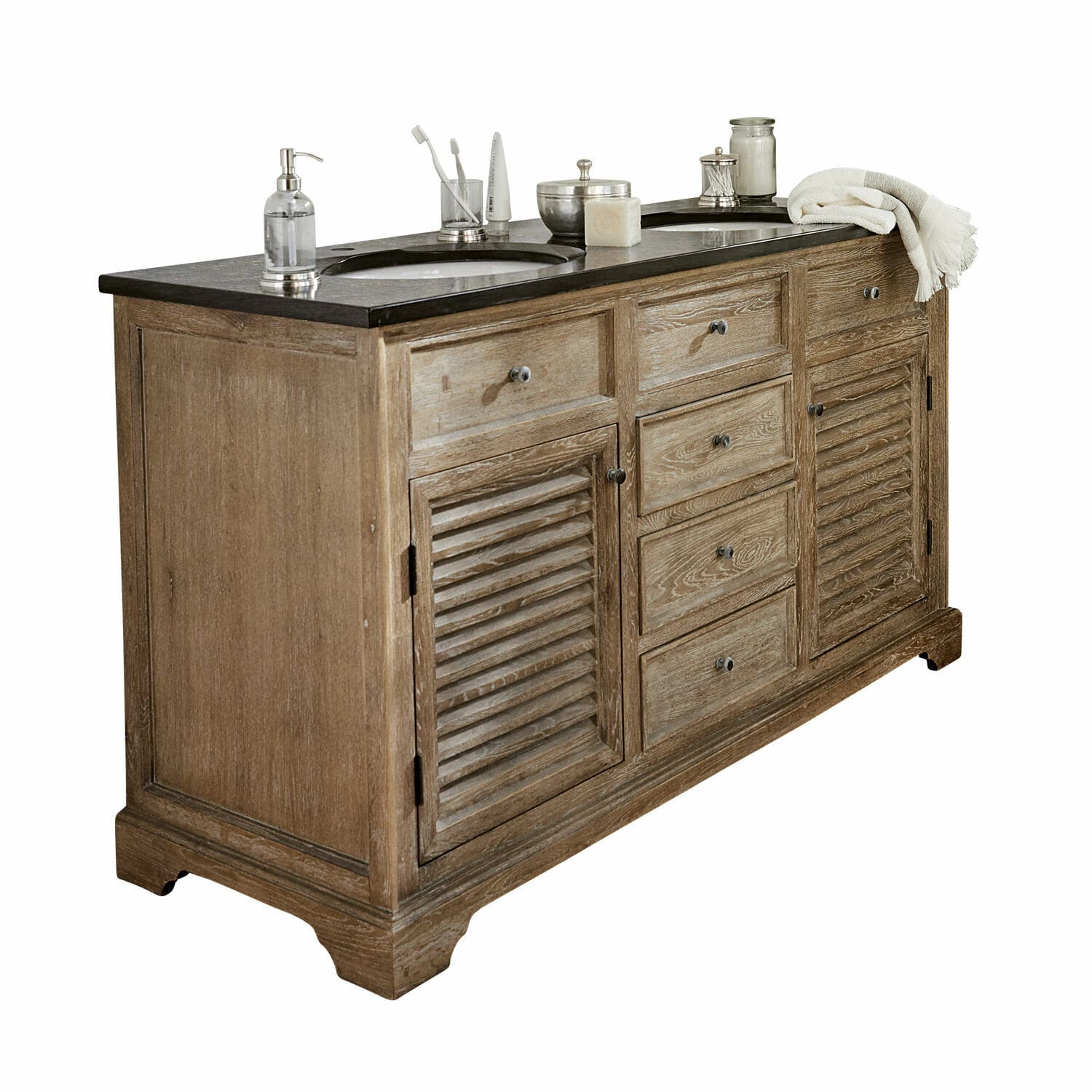 Mueble de lavabo doble Malmaison Mueble de baño de madera natural con encimera negra y dos lavabos, color madera natural