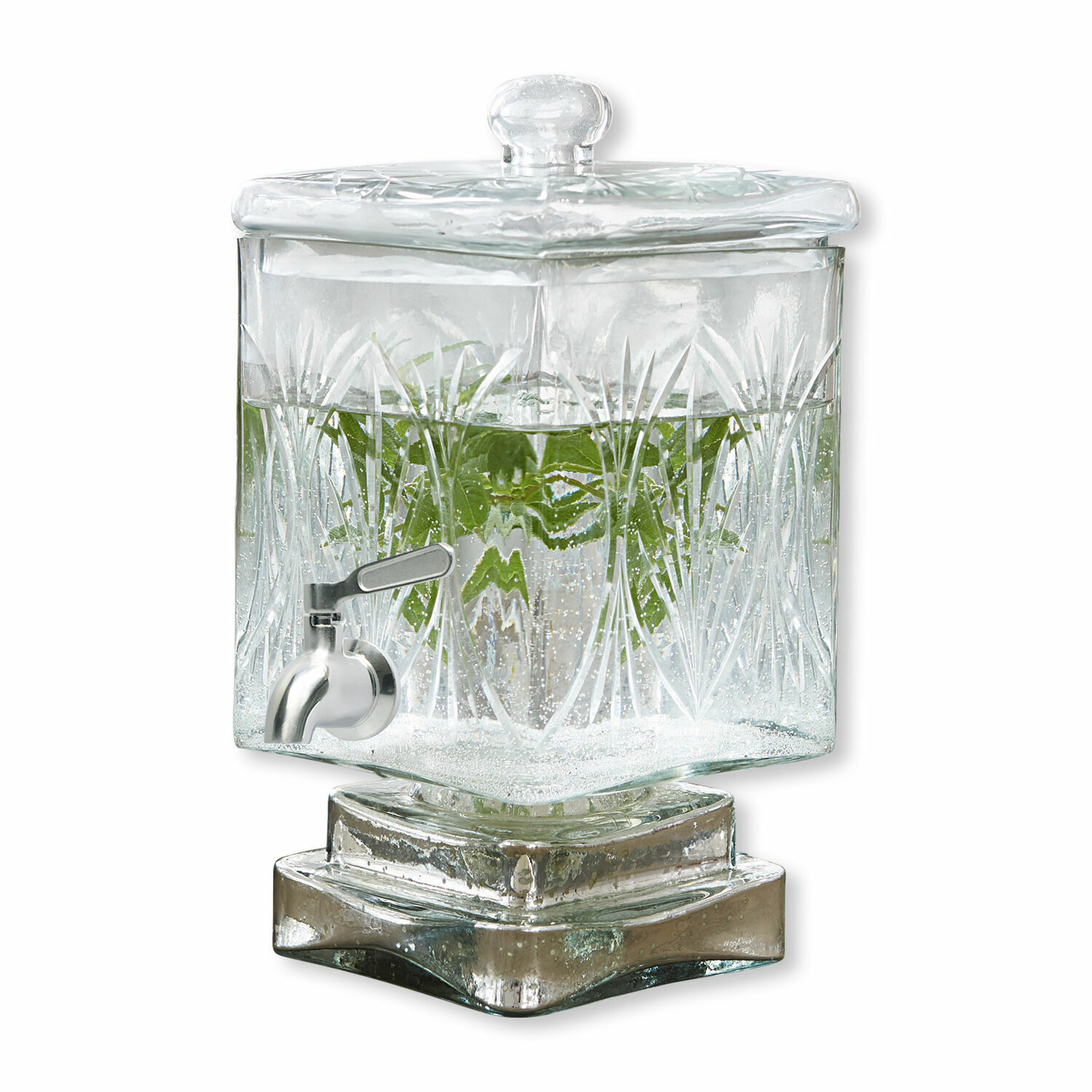 Dispensador de bebidas Logan Dispensador de bebidas de vidrio transparente con tapa y grifo, diseño grabado decorativo