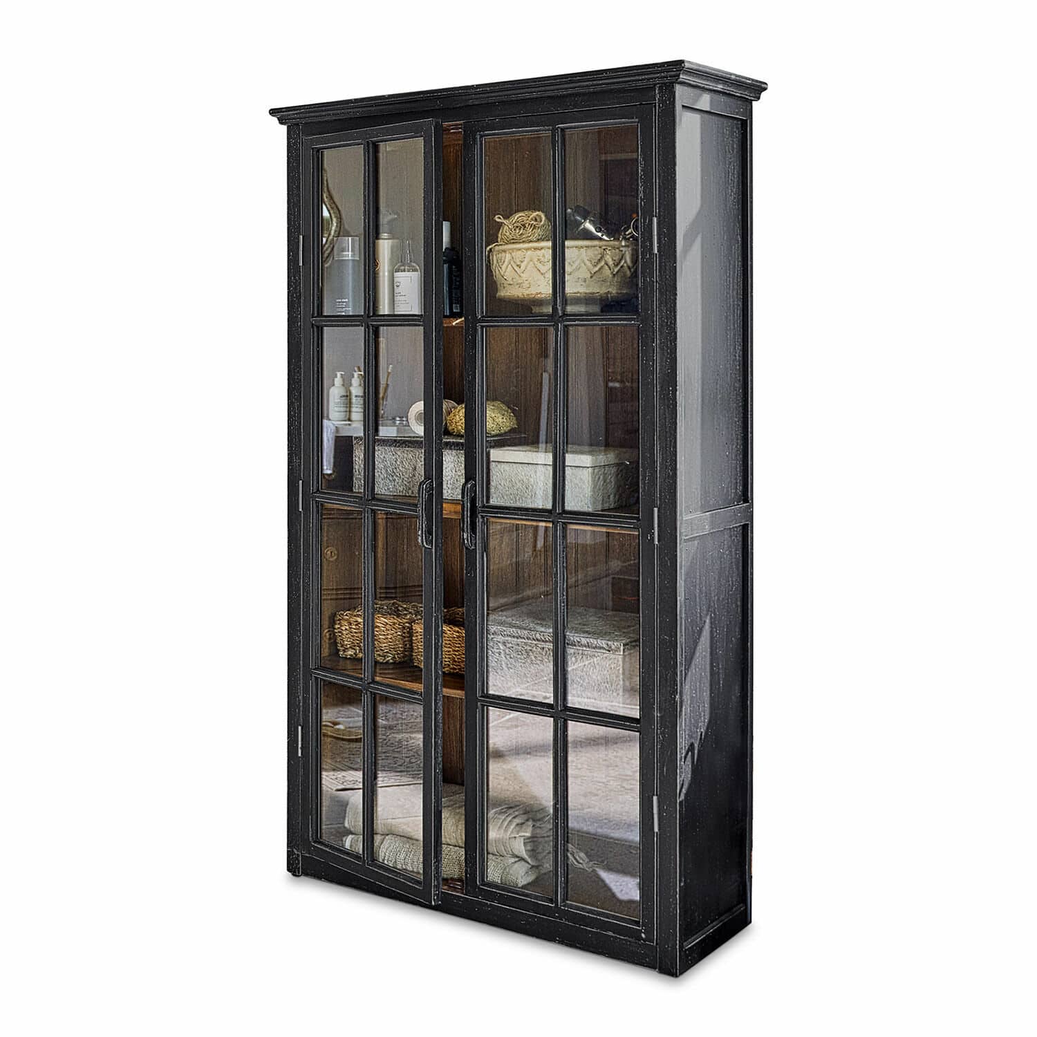 Armario Keanu Vitrina negra de madera con puertas de cristal y estantes para almacenamiento y decoración
