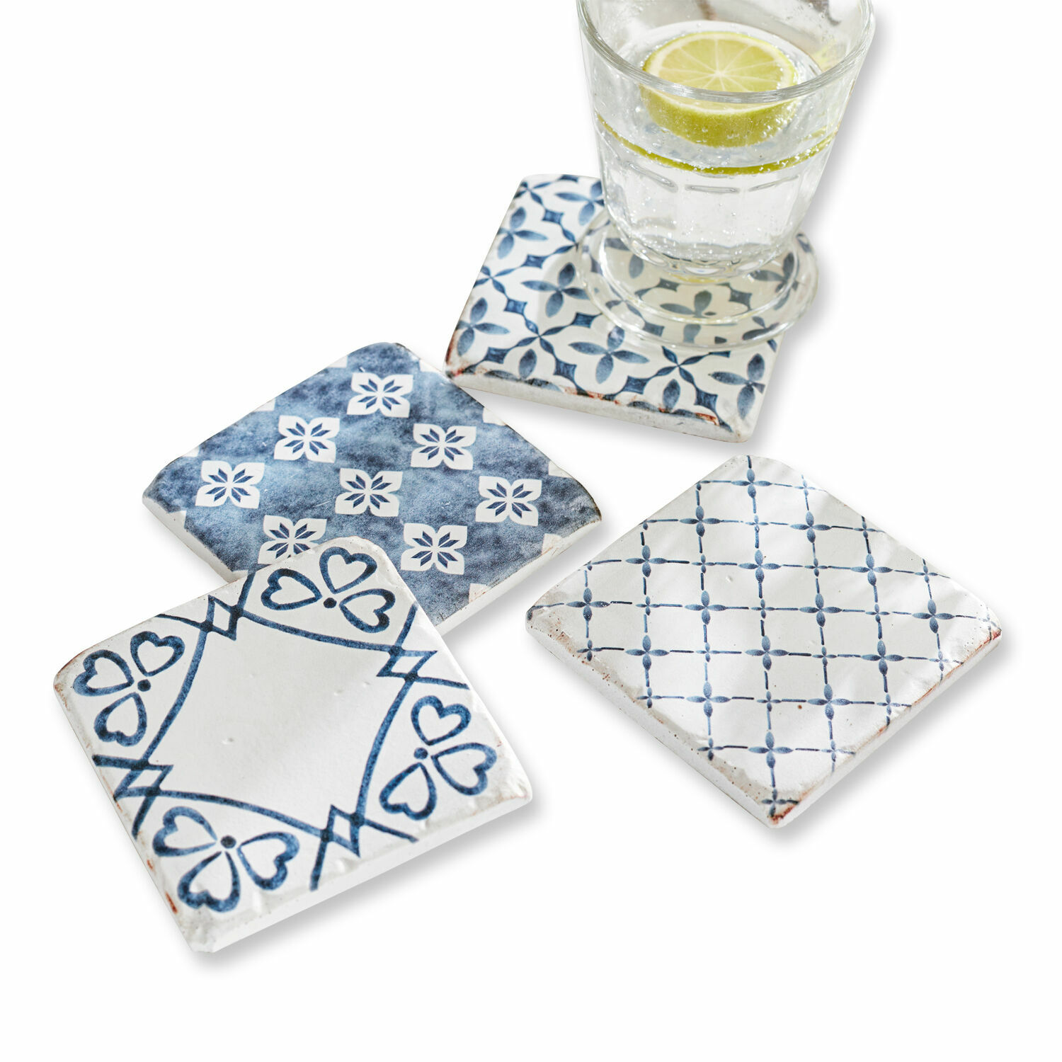 Juego de 4 posavasos Sliwa Posavasos de cerámica con diseño azul, ideales para proteger muebles de la humedad