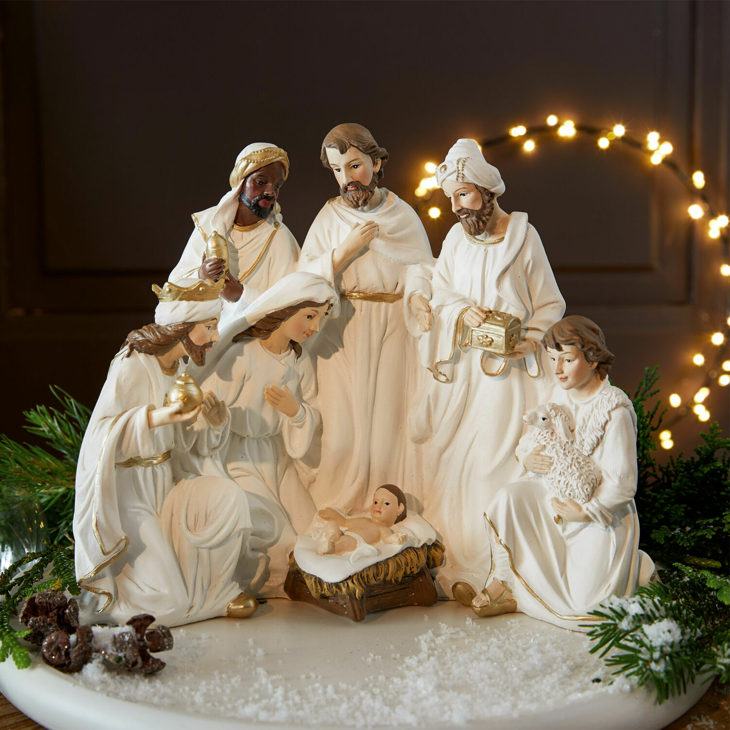 Nacimiento Kanem Figuras de pesebre de cerámica blanca con los Reyes Magos y el Niño Jesús para decoración navideña