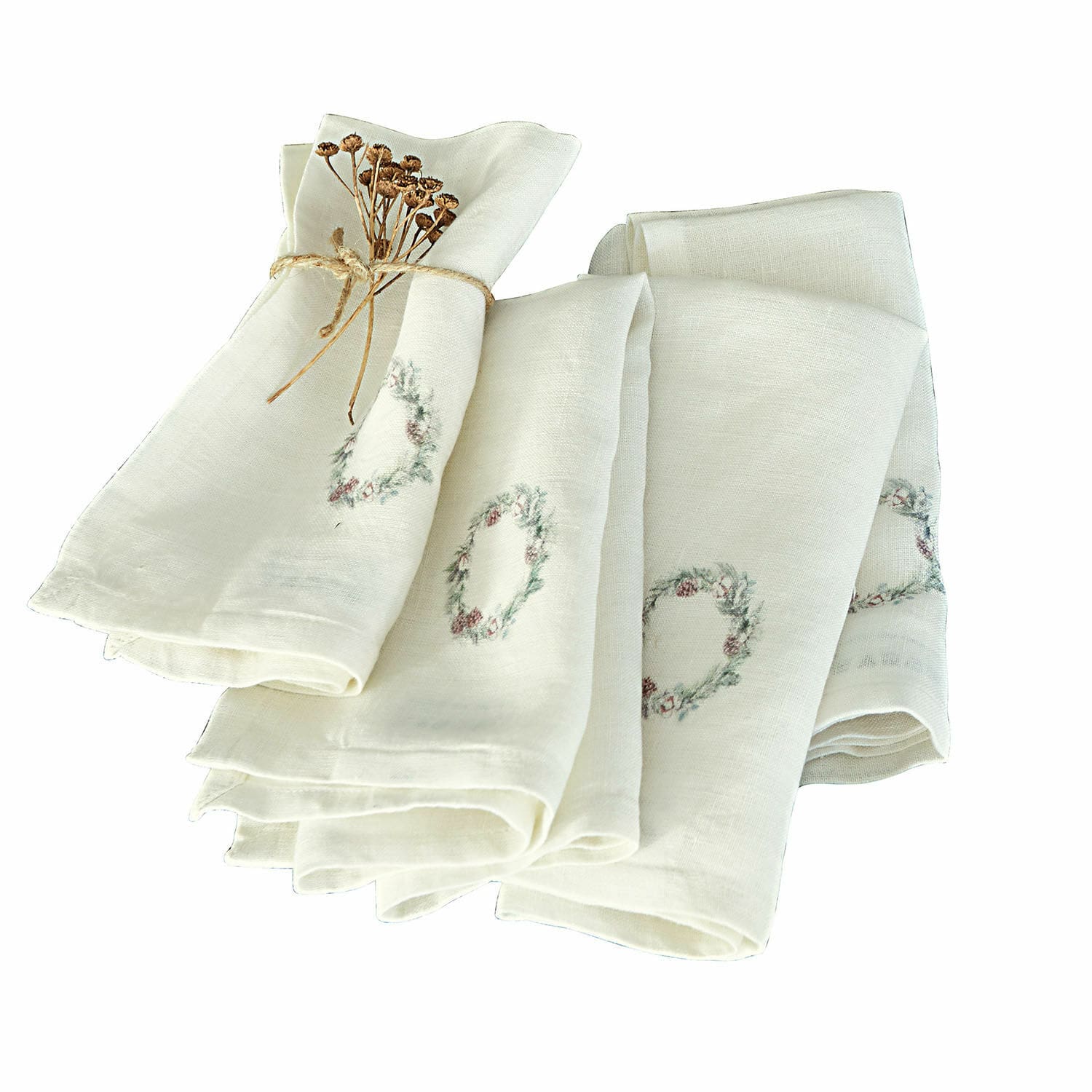 Juego de servilletas de lino color crema con diseño de corona delicada y flores secas atadas