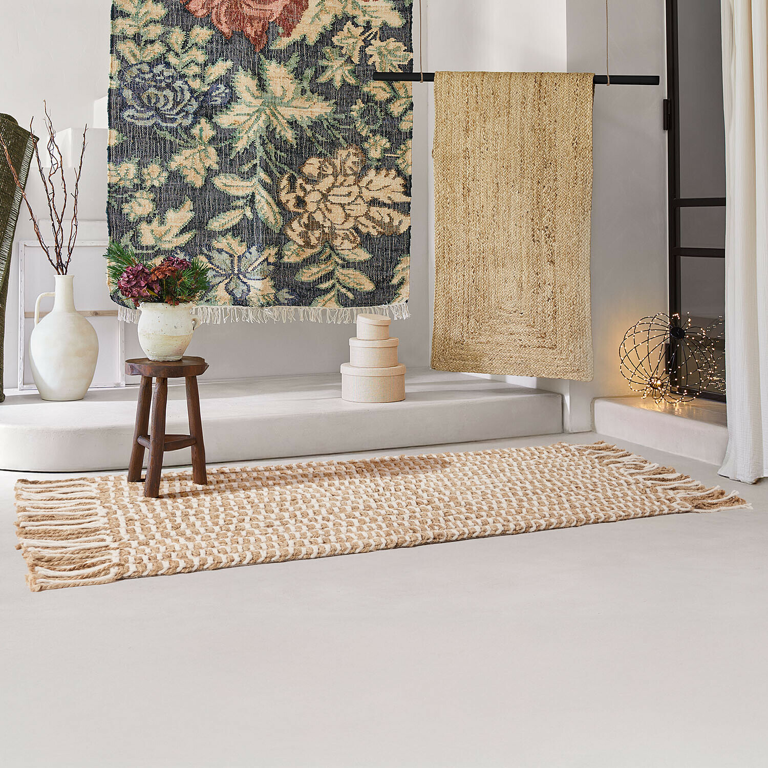 Alfombra Yrundal Alfombra de yute y algodón beige y blanca con flecos, alfombra decorativa natural para salón